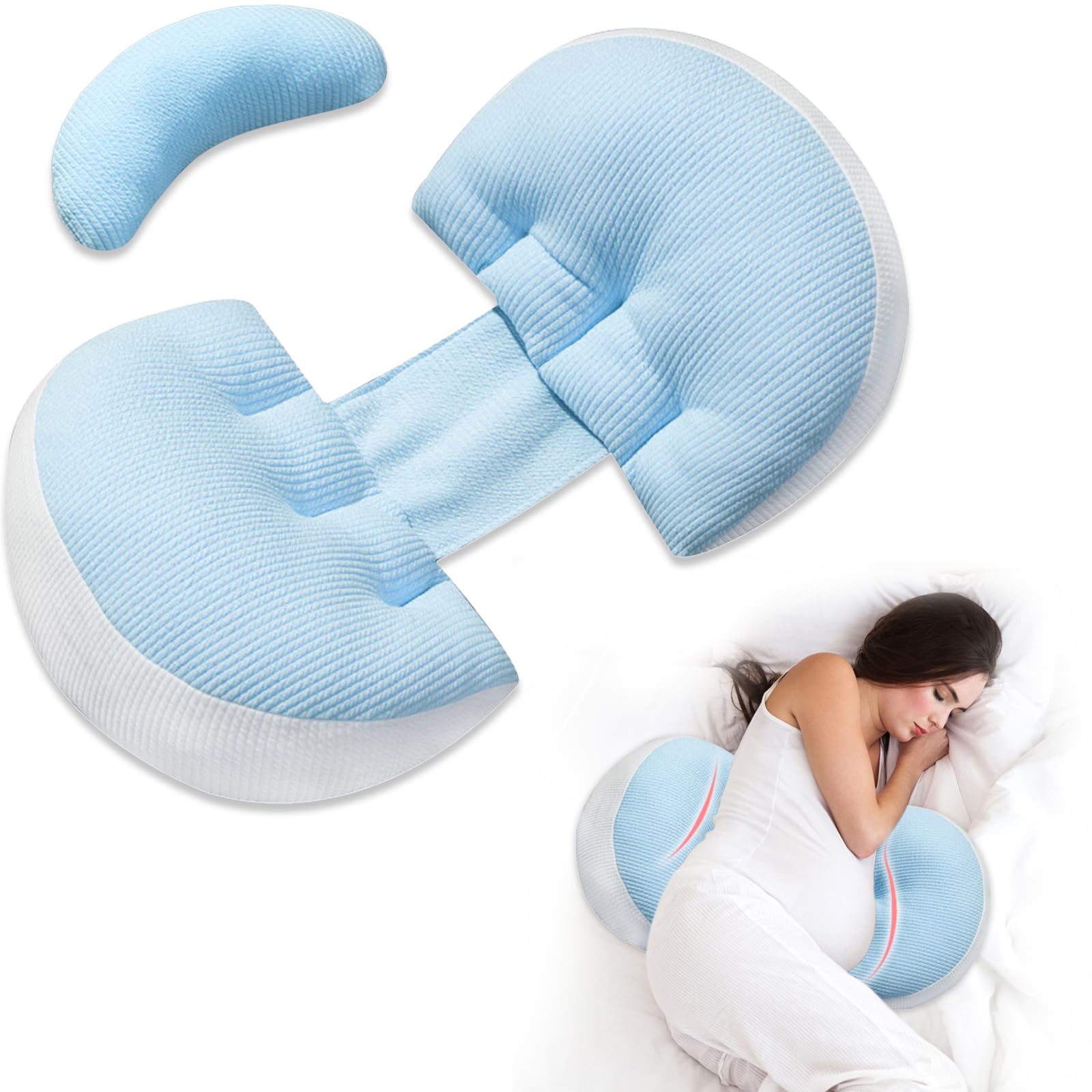 Adjustable Pregnancy Pillow with Velcro Design – Side Sleeping Support for Back, Belly, Hips & Legs, Travel-Friendly Maternity Pillow with Bonus Auxiliary Pillow(Blue)