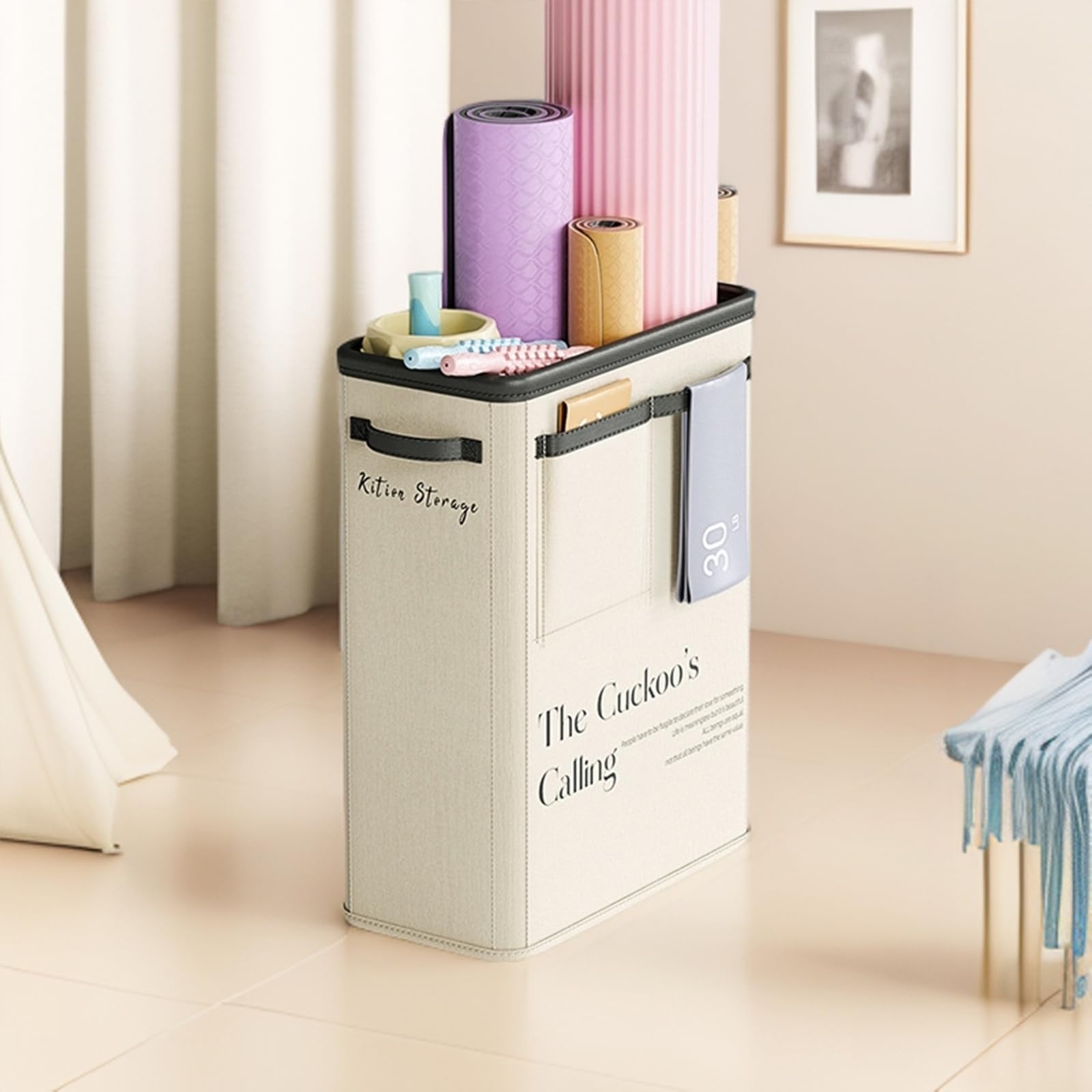 Large Capacity Foldable Yoga Mat Storage Basket – Waterproof Fabric Organizer for Gym Equipment, Dumbbells, Foam Rollers, and Mats with Side Pockets and Handle (Beige)