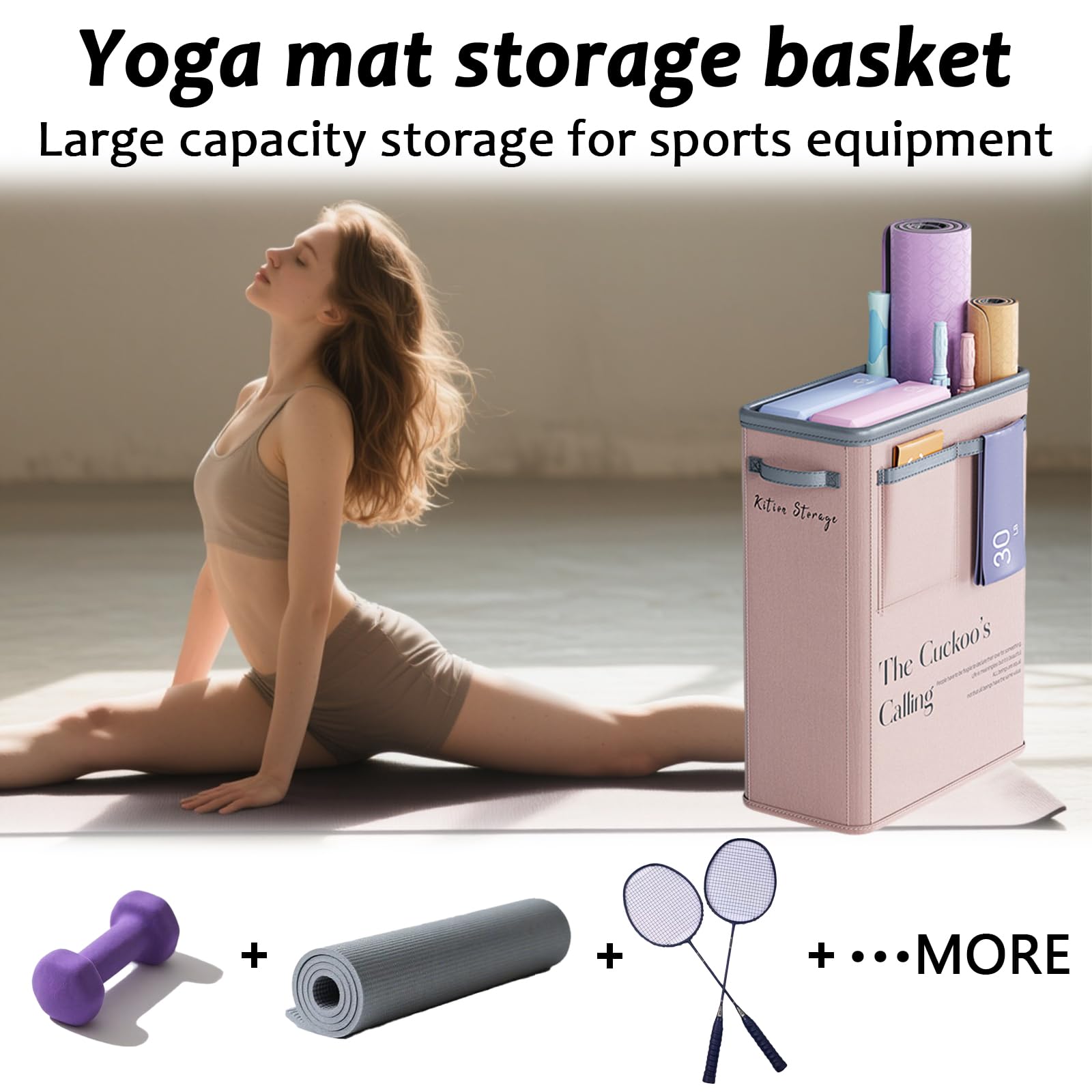 Large Capacity Foldable Yoga Mat Storage Basket – Waterproof Fabric Organizer for Gym Equipment, Dumbbells, Foam Rollers, and Mats with Side Pockets and Handle (Beige)