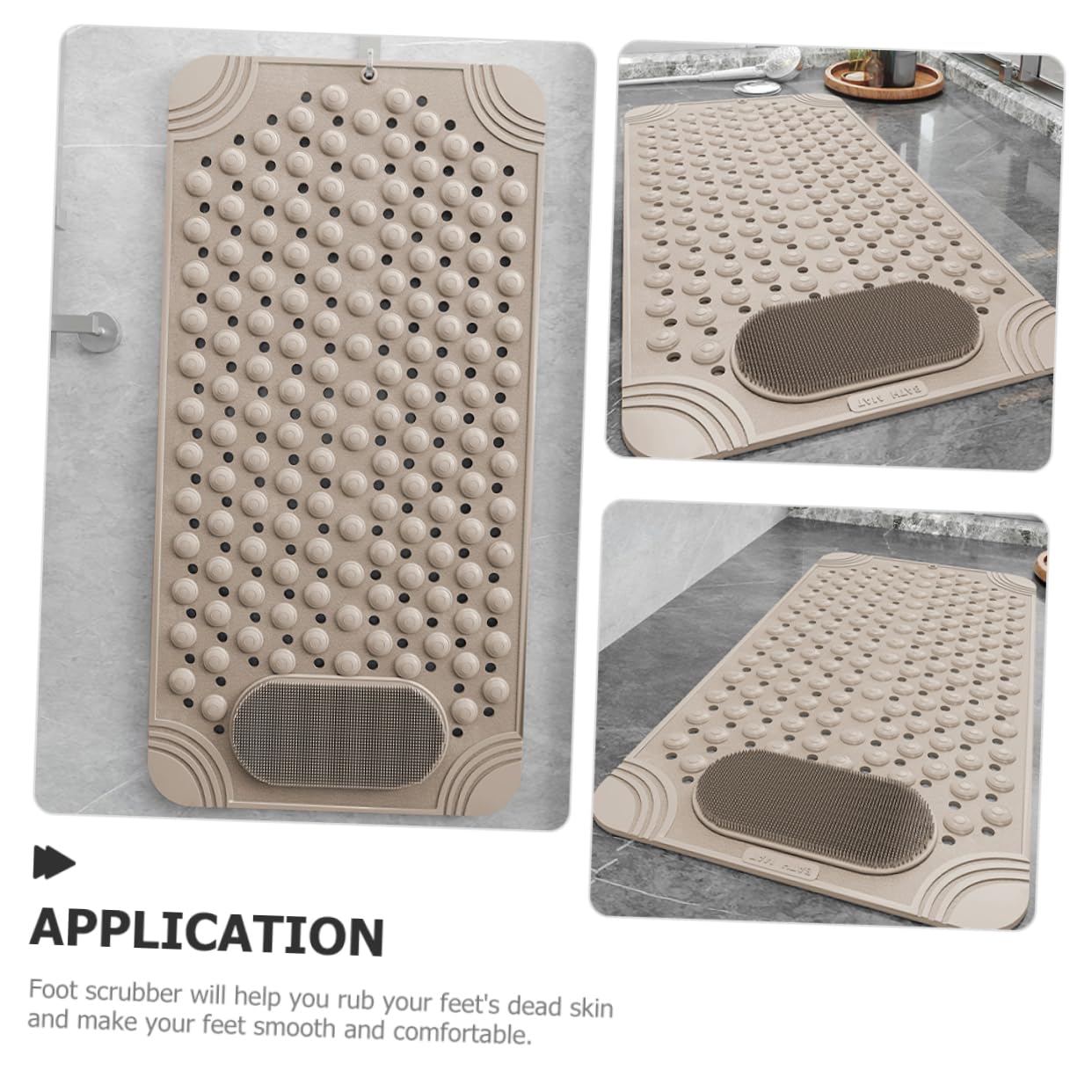 Non-Slip Bath Mat with Foot Scrubber – 80 x 50 cm, Anti-Skid Suction Cups & Drain Holes, Waterproof Shower Floor Pad with Exfoliating Brush(Grey)
