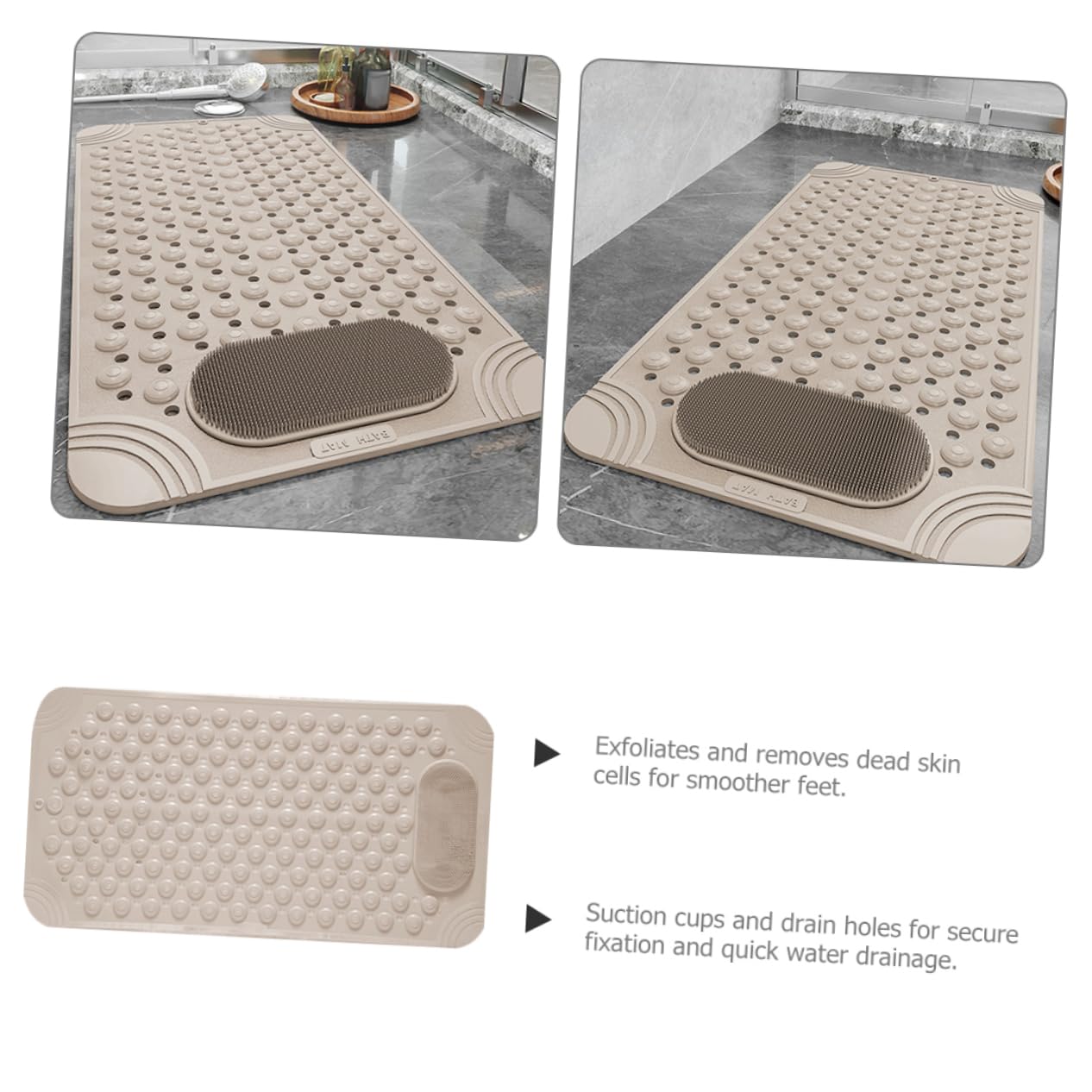 Non-Slip Bath Mat with Foot Scrubber – 80 x 80 cm, Anti-Skid Suction Cups & Drain Holes, Waterproof Shower Floor Pad with Exfoliating Brush(Grey)
