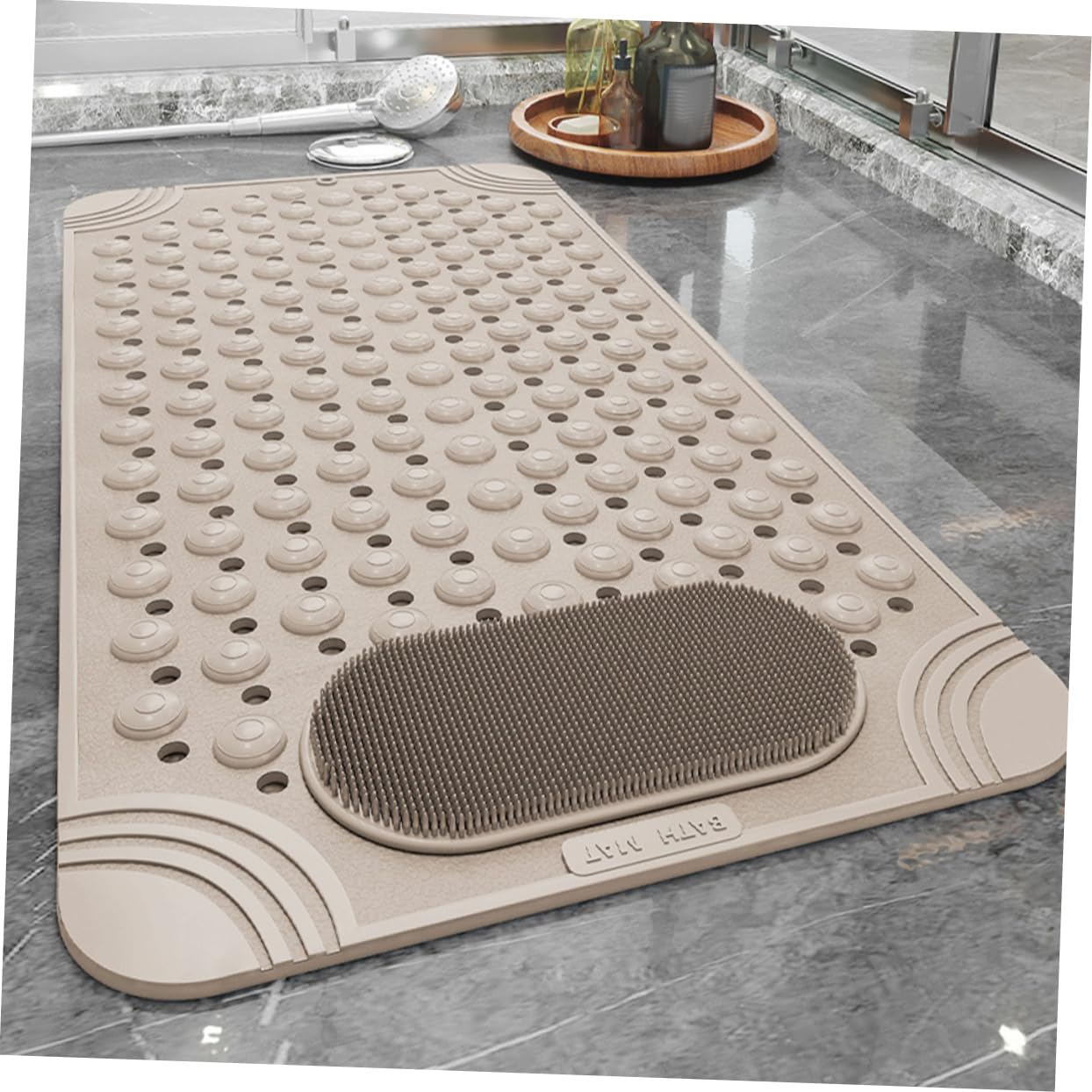 Non-Slip Bath Mat with Foot Scrubber – 80 x 80 cm, Anti-Skid Suction Cups & Drain Holes, Waterproof Shower Floor Pad with Exfoliating Brush(Grey)
