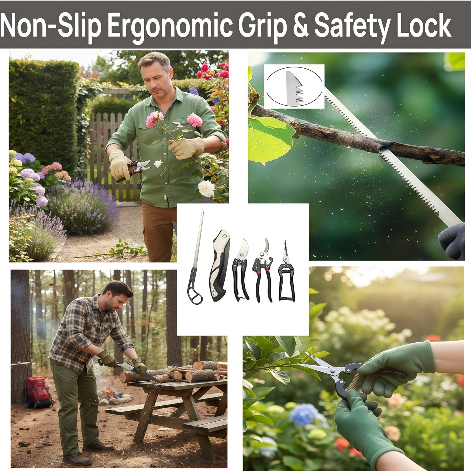 Heavy-Duty 5-Piece Gardening Tool Set – 3 Pruning Shears & 2 Folding Saws, Stainless Steel Blades, Ergonomic Handles, Compact Storage – Ideal for Trees, Shrubs, Camping, and Gift-Giving