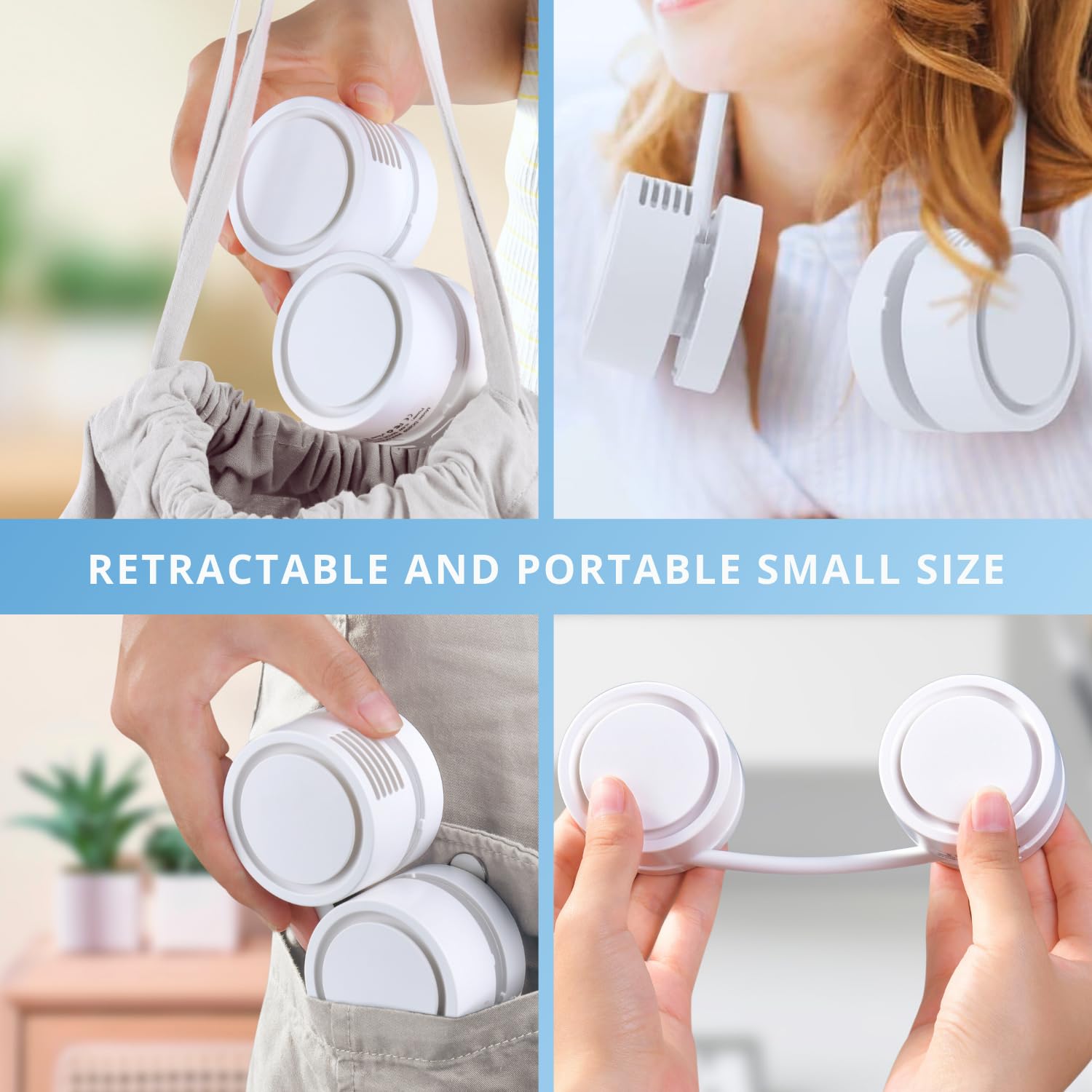 Portable Neck Fan with 1600mAh Battery – Foldable Bladeless Fan for Outdoor, Travel & Gym Use – 3-Speed Adjustable Cooling, USB-C Charging (White)