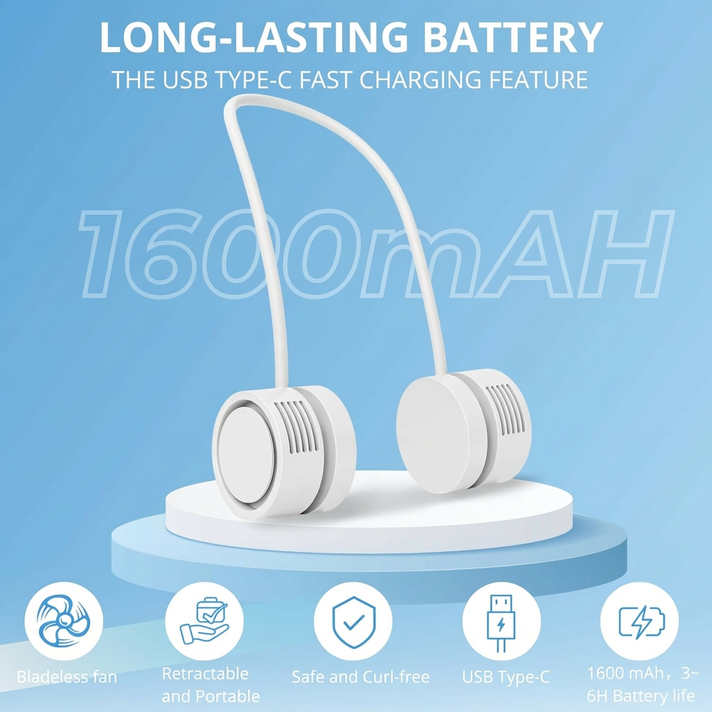 Portable Neck Fan with 1600mAh Battery – Foldable Bladeless Fan for Outdoor, Travel & Gym Use – 3-Speed Adjustable Cooling, USB-C Charging (White)