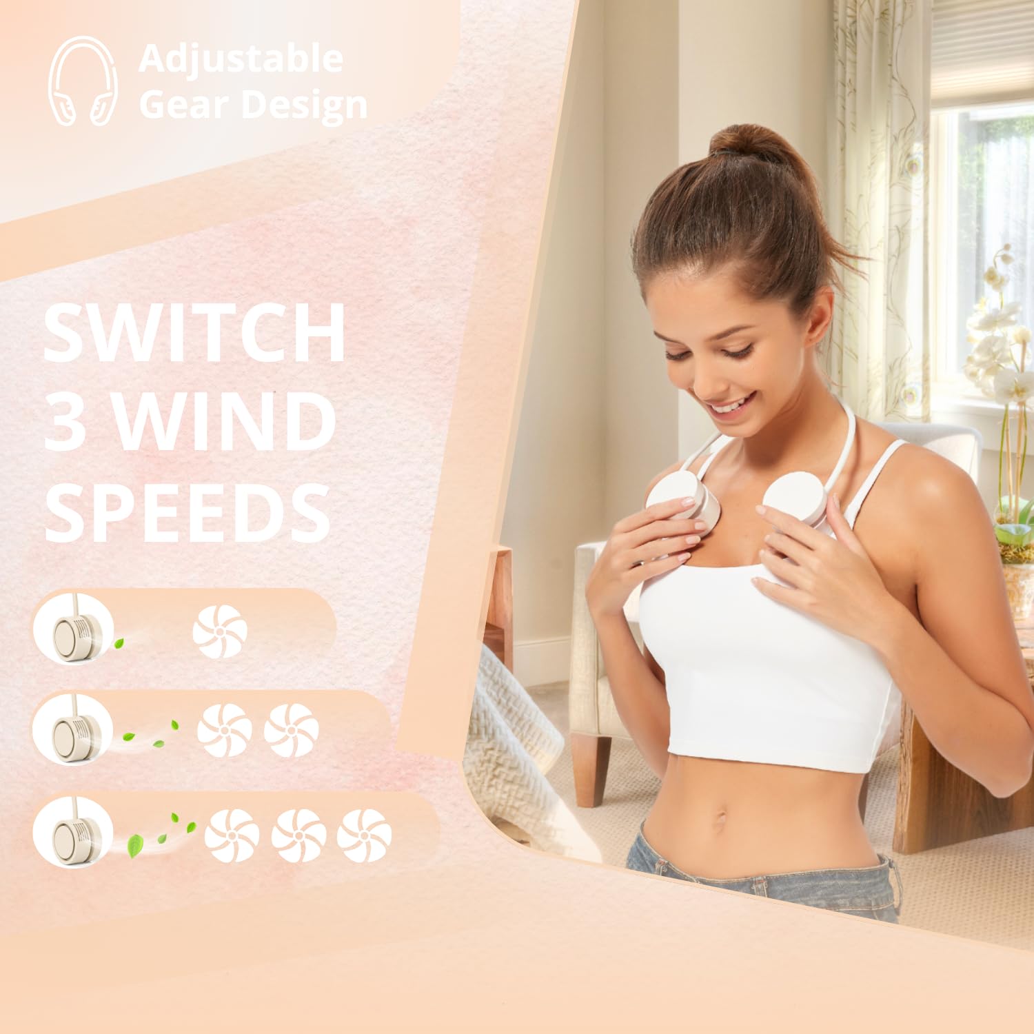 Portable Neck Fan with 1600mAh Battery – Foldable Bladeless Fan for Outdoor, Travel & Gym Use – 3-Speed Adjustable Cooling, USB-C Charging (Apricot)