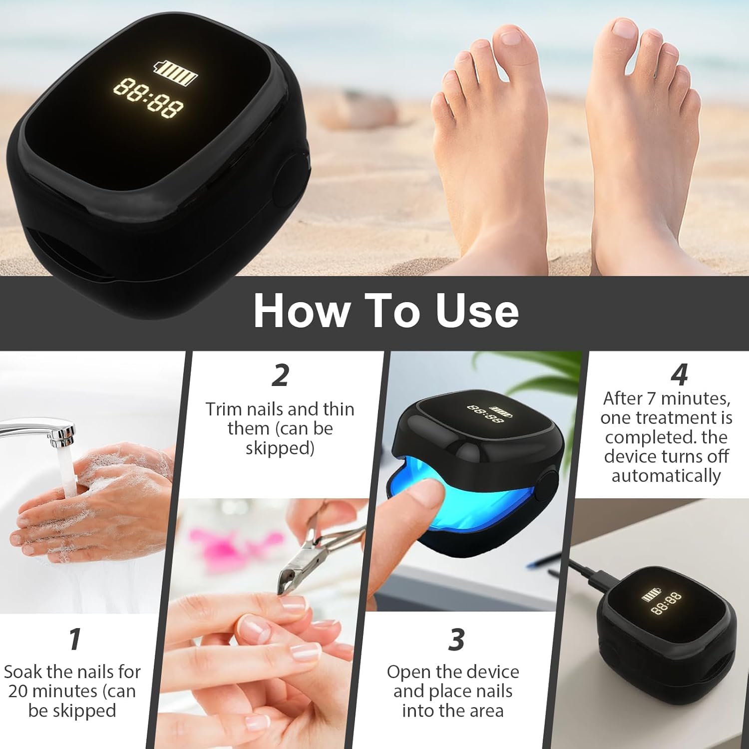 Nail Wellness Light Device (1-Piece): Red & Blue LED for Daily Nail Care Routine – Auto Timer, USB Rechargeable (Black)