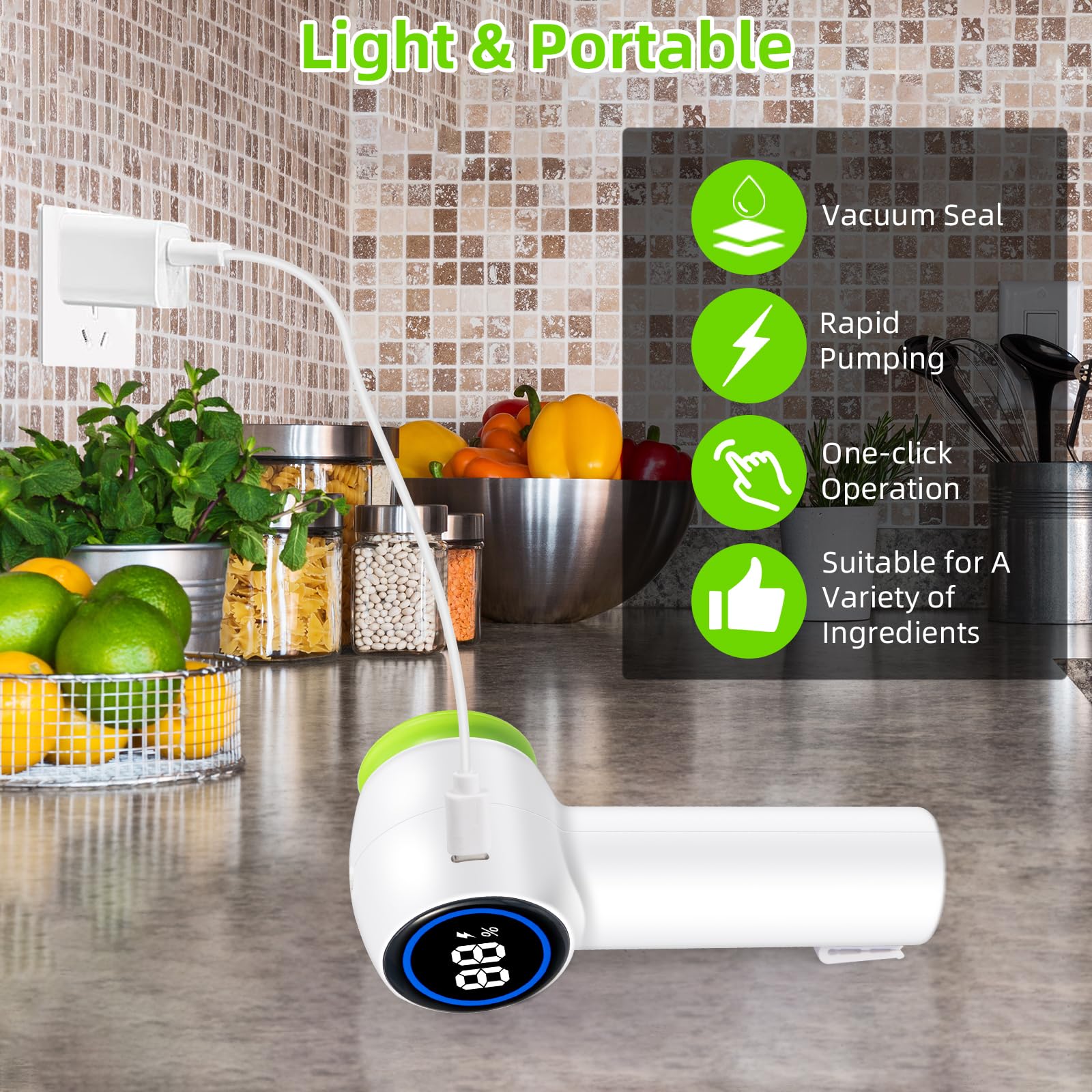 Green Electric Vacuum Sealer Kit – Portable Mason Jar & Bag Sealing Machine with Digital Display, USB Rechargeable, One-Touch Operation | Ideal for Home, Camping, Travel