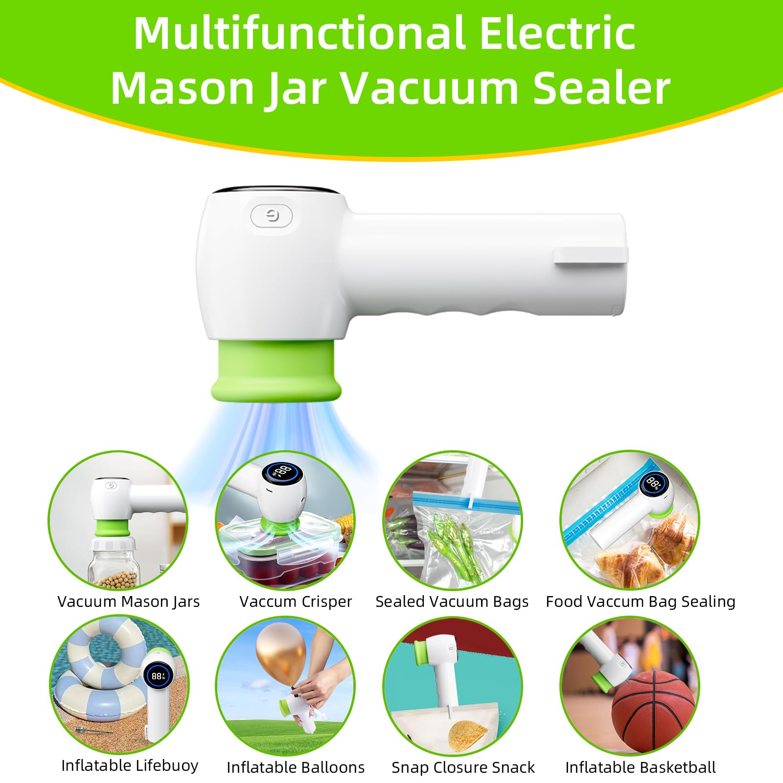 Green Electric Vacuum Sealer Kit – Portable Mason Jar & Bag Sealing Machine with Digital Display, USB Rechargeable, One-Touch Operation | Ideal for Home, Camping, Travel