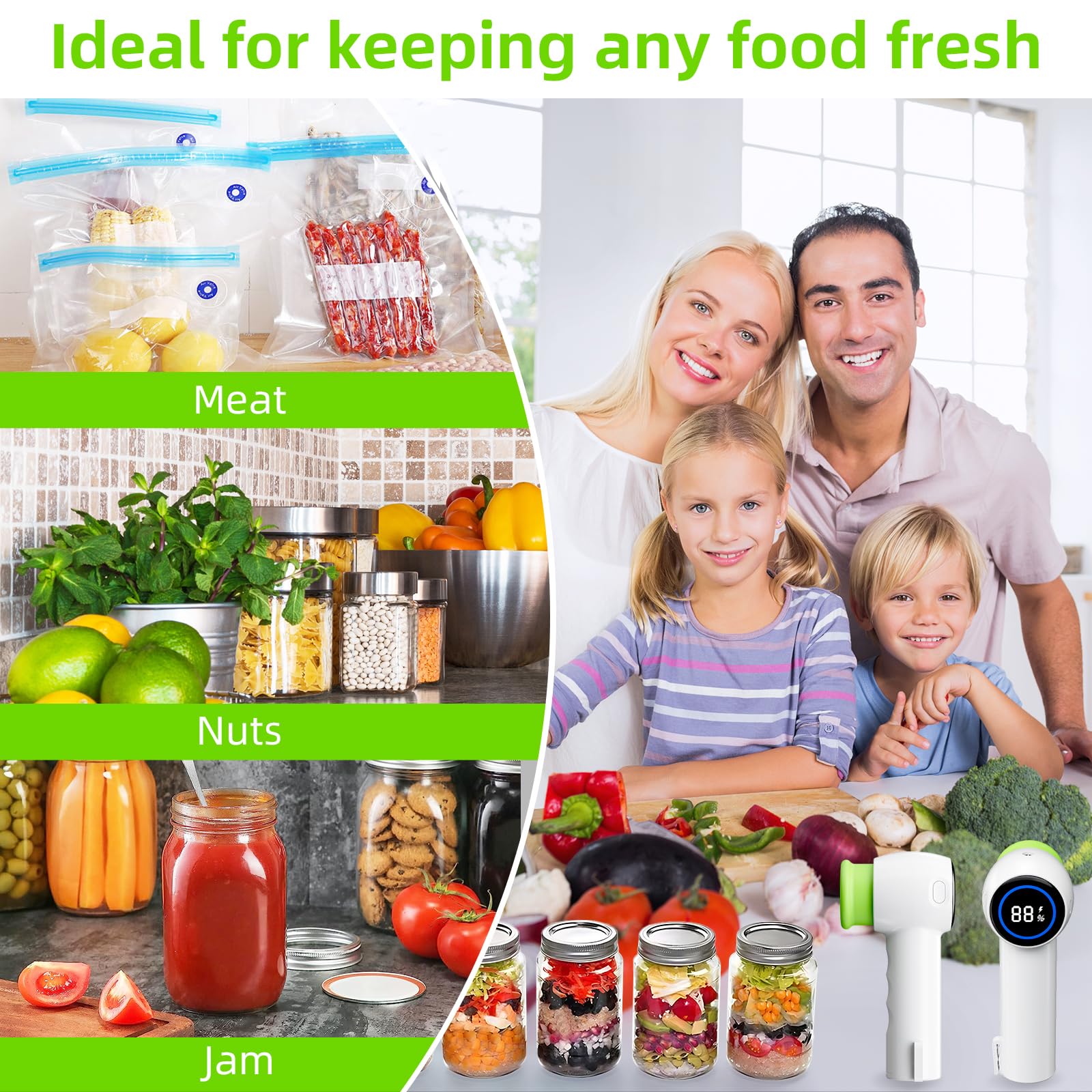 Green Electric Vacuum Sealer Kit – Portable Mason Jar & Bag Sealing Machine with Digital Display, USB Rechargeable, One-Touch Operation | Ideal for Home, Camping, Travel