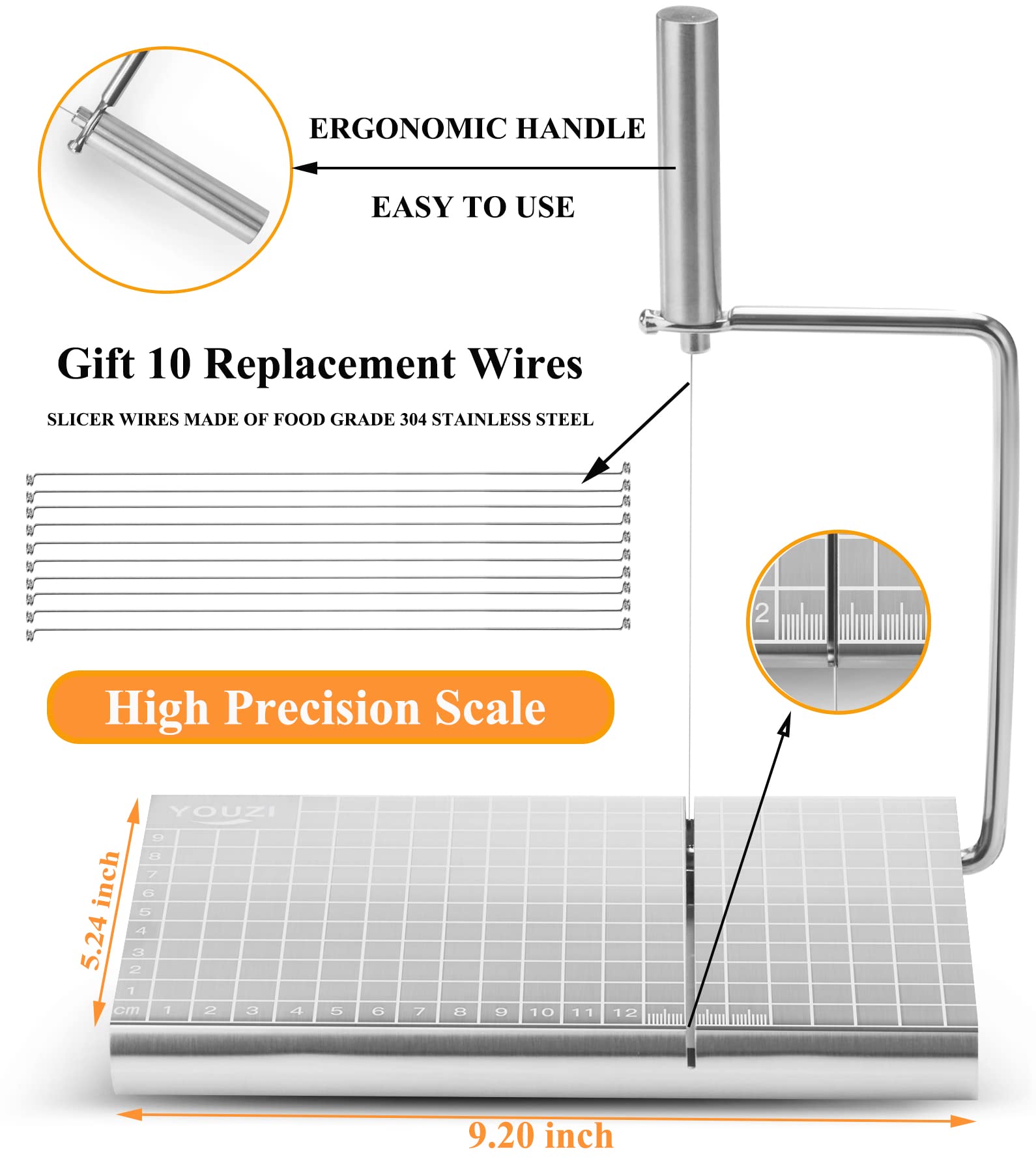 Stainless Steel Cheese Slicer with 10 Replacement Wires – Precision Grid Cutting Board, Ergonomic Handle, Easy to Clean – Ideal for Butter, Cake, Soft Cheese (Silver)