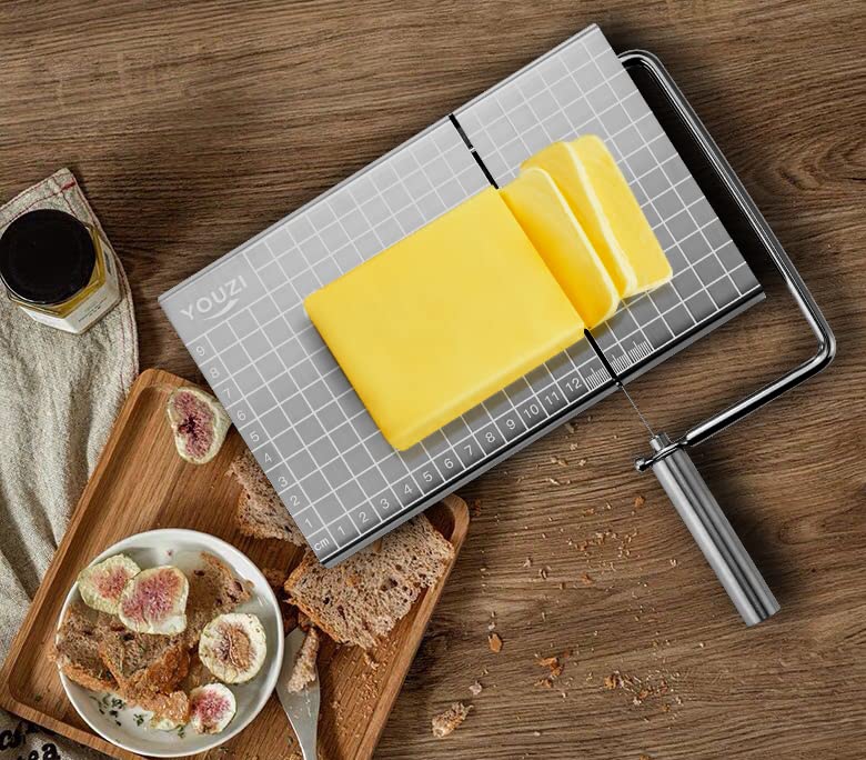 Stainless Steel Cheese Slicer with 10 Replacement Wires – Precision Grid Cutting Board, Ergonomic Handle, Easy to Clean – Ideal for Butter, Cake, Soft Cheese (Silver)