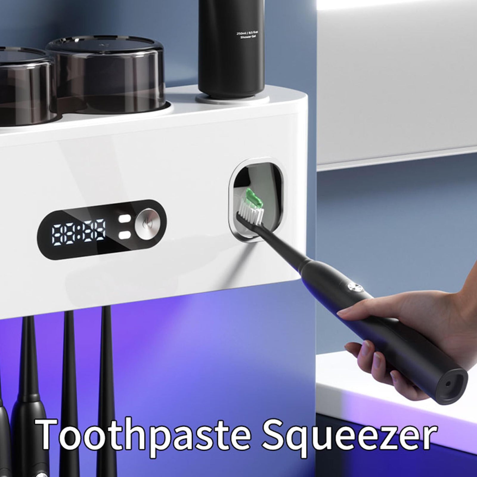 UV Toothbrush Holder with Disinfection & Toothpaste Dispenser – Wall-Mounted Bathroom Organizer with LED Display and 2 Cups