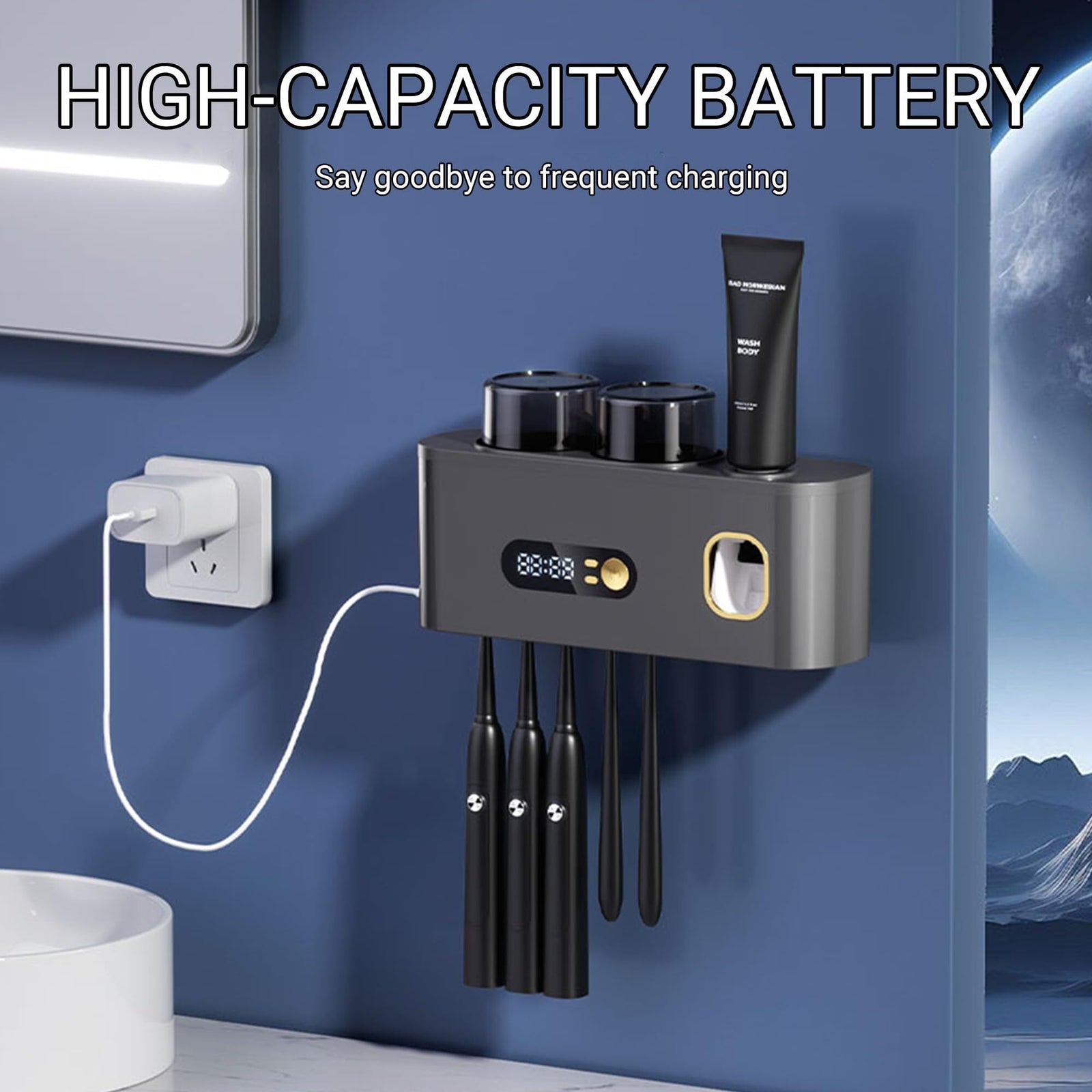 UV Toothbrush Holder with Disinfection & Toothpaste Dispenser – Wall-Mounted Bathroom Organizer with LED Display and 2 Cups