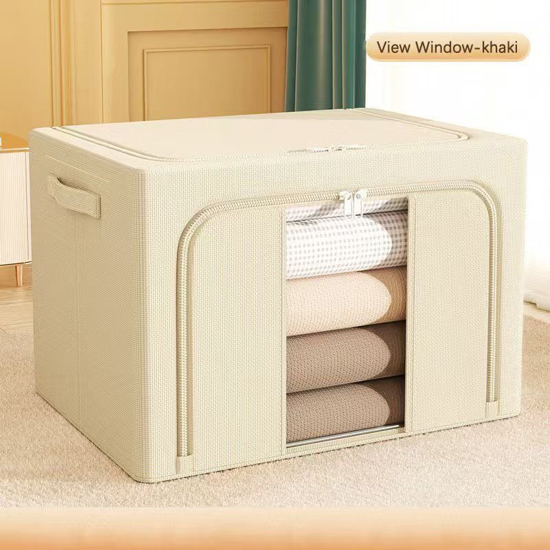 Clothes Storage Bins, 6 Pack Bedding Organizers with Handles, Stackable Metal Frame Closet Organizer, Visable Windows, Clothing Organization for Sweatshirt, Blanket, Long Dresses, (22L khaki)