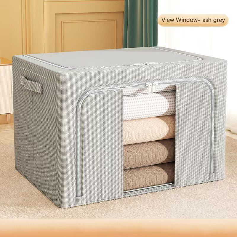 Clothes Storage Bins, 6 Pack Bedding Organizers with Handles, Stackable Metal Frame Closet Organizer, Visable Windows, Clothing Organization for Sweatshirt, Blanket, Long Dresses, (66L ash grey)