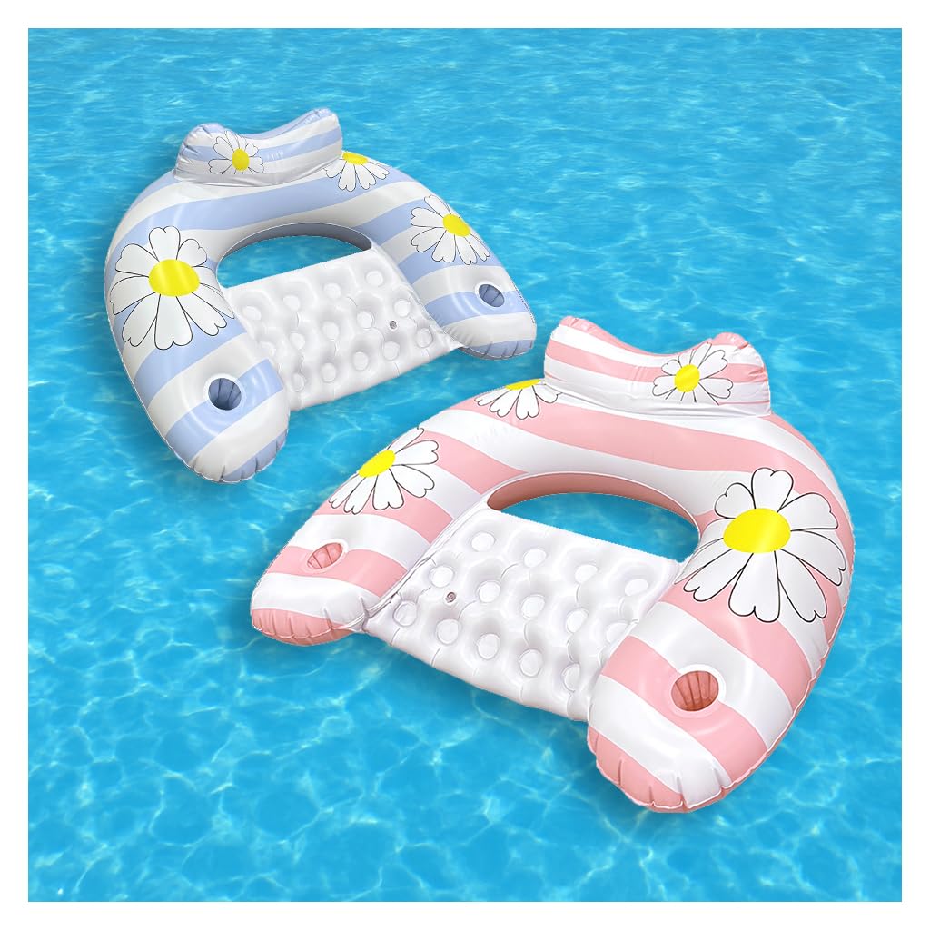Daisy Inflatable Pool Floats 2-Pack for Adults: U-Shaped Lounge Chairs with Cup Holders, Portable for Pool, Beach, Summer Fun