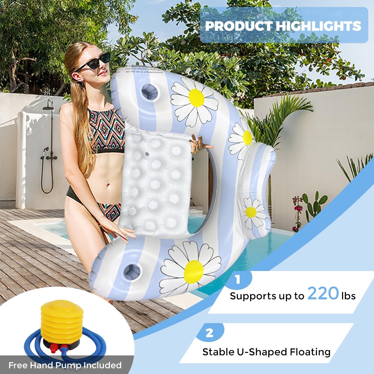Daisy Inflatable Pool Floats 2-Pack for Adults: U-Shaped Lounge Chairs with Cup Holders, Portable for Pool, Beach, Summer Fun