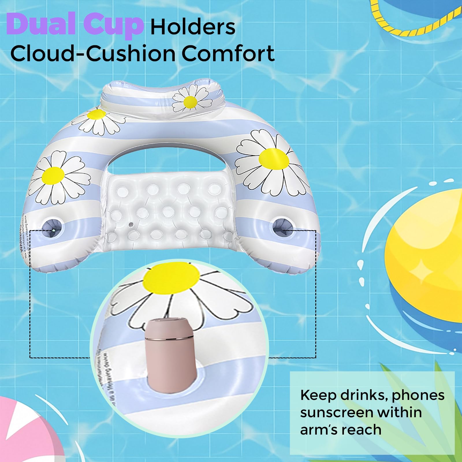 Daisy Inflatable Pool Floats 2-Pack for Adults: U-Shaped Lounge Chairs with Cup Holders, Portable for Pool, Beach, Summer Fun