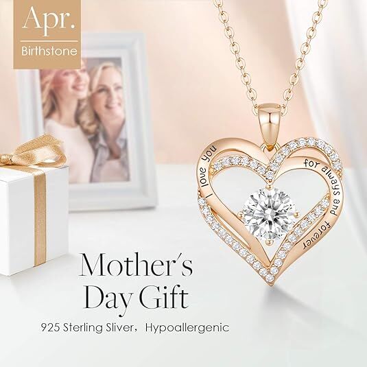 Forever Love Heart Birthstone Necklace: 925 Sterling Silver Jewelry for Mom, Wife, Friend – Ideal for Mother’s Day, Anniversaries & Birthday(white diamond,April)