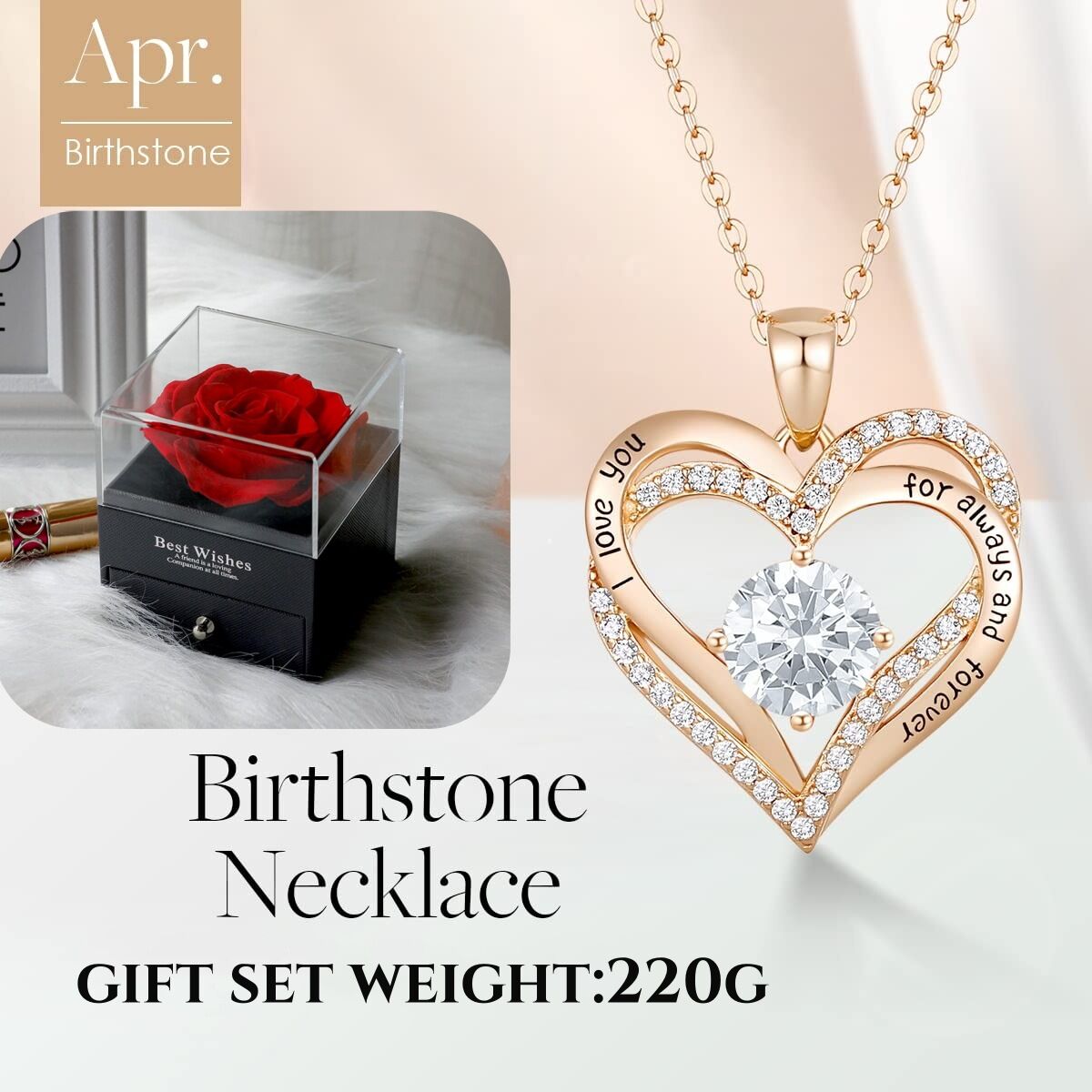 Forever Love Heart Birthstone Necklace: 925 Sterling Silver Jewelry for Mom, Wife, Friend – Ideal for Mother’s Day, Anniversaries & Birthday(white diamond,April)