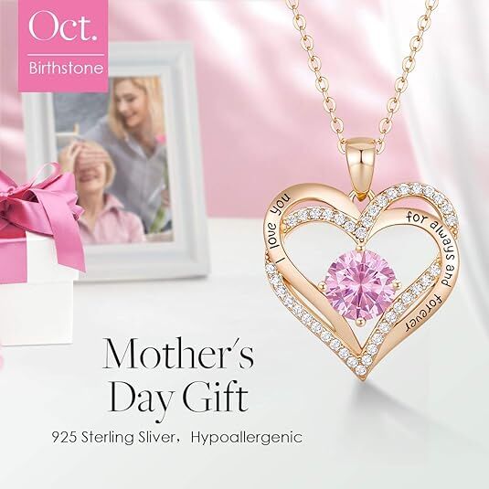 Forever Love Heart Birthstone Necklace: 925 Sterling Silver Personalized Jewelry for Mom, Wife, Friend with 12 Month Stone Options(pink diamond,October)