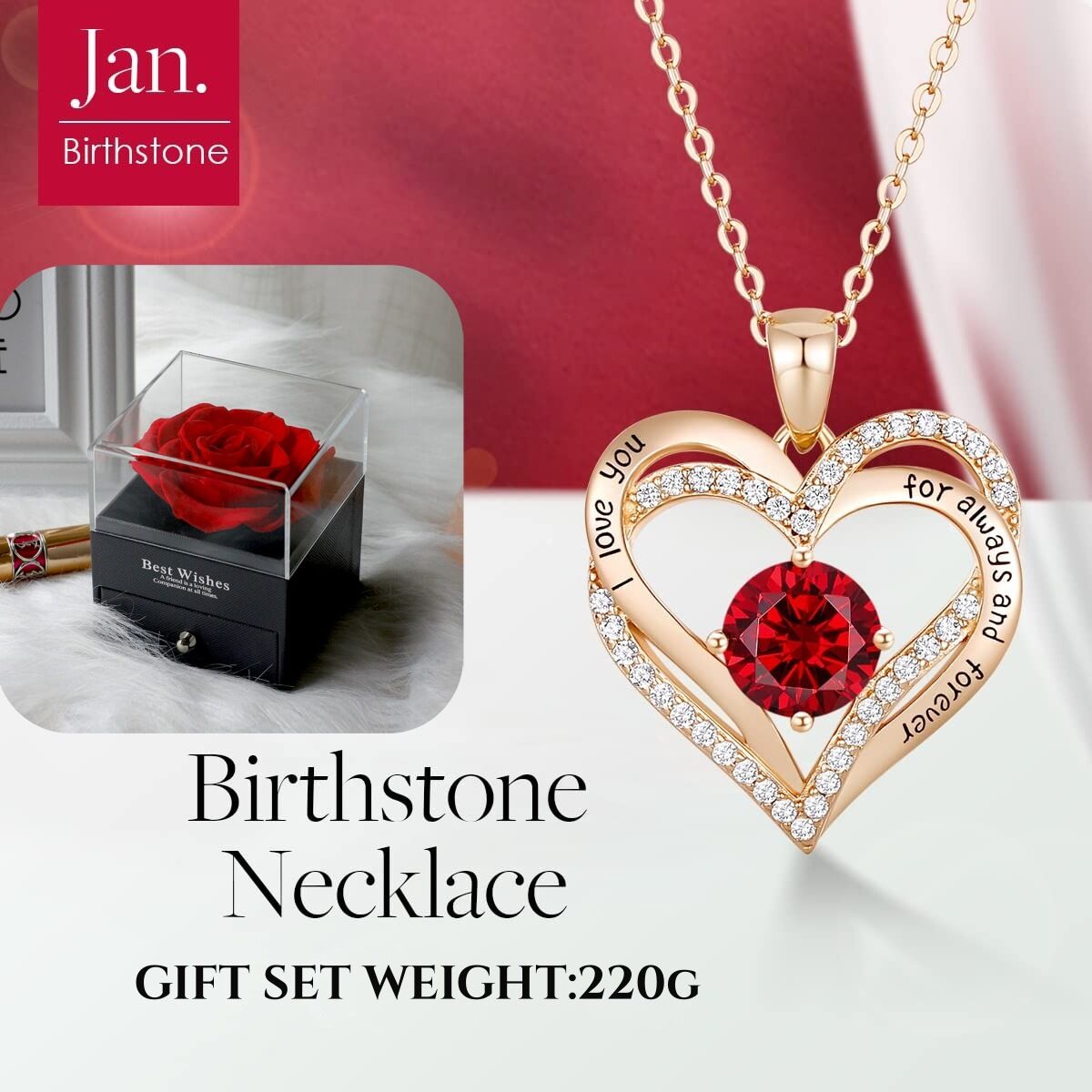 Forever Love Heart Birthstone Necklace: 925 Sterling Silver Personalized Jewelry for Mom, Wife, Friend with 12 Month Stone Options(red diamond,January)