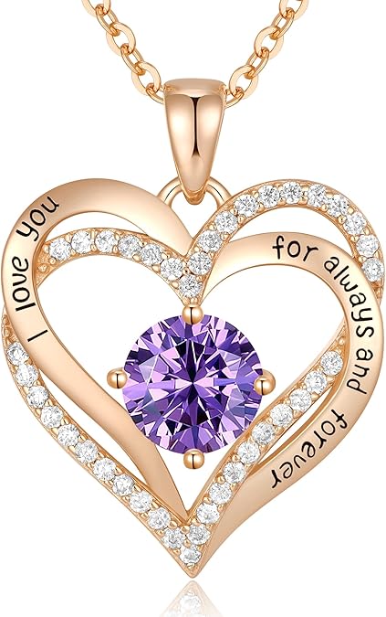 Forever Love Heart Birthstone Necklace: 925 Sterling Silver Personalized Jewelry for Mom, Wife, Friend with 12 Month Stone Options(purple diamond,February)