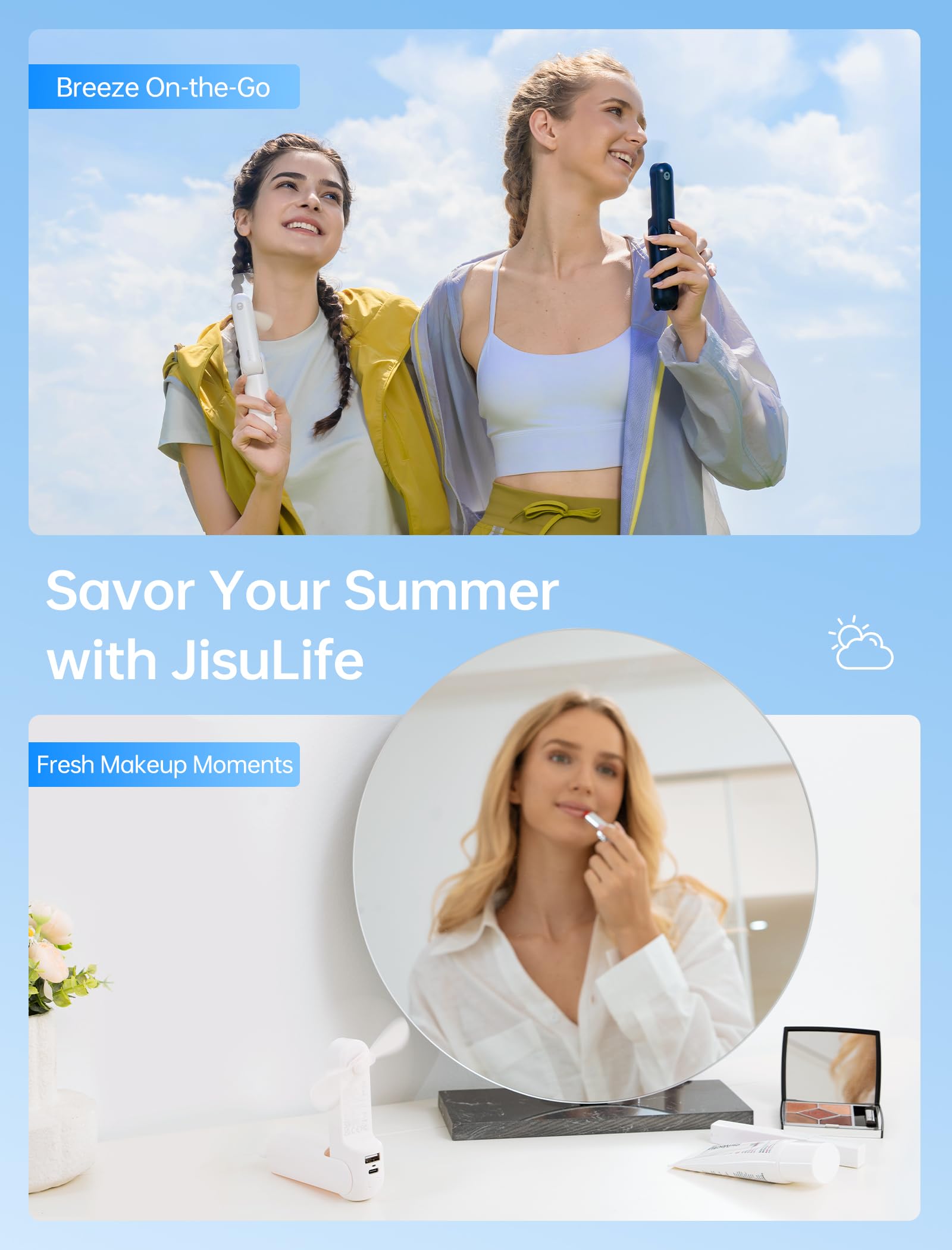 Handheld Mini Fan (White), 3-in-1 USB Rechargeable Portable Fan with Power Bank & Flashlight, Pocket Design for Travel & Summer