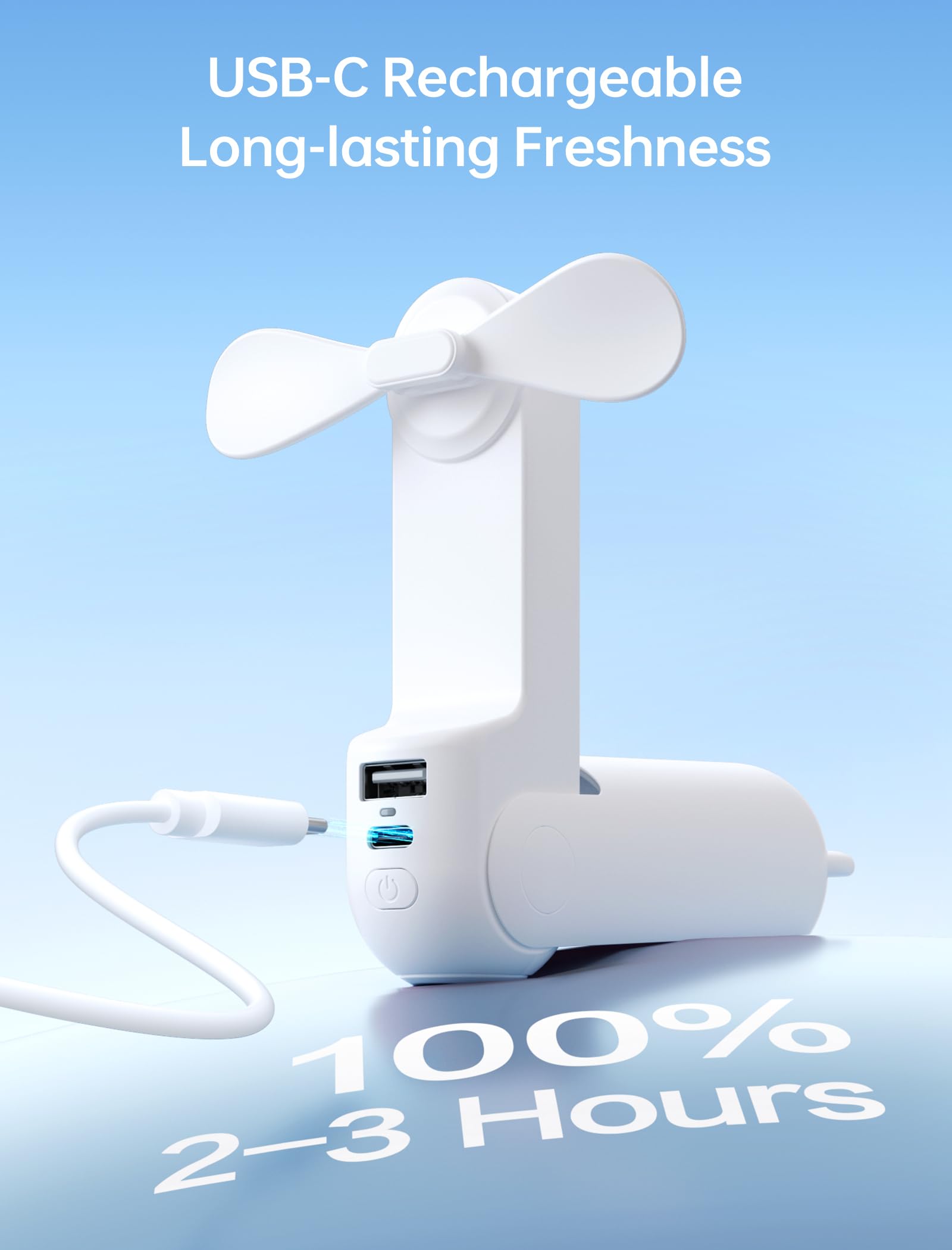 Handheld Mini Fan (White), 3-in-1 USB Rechargeable Portable Fan with Power Bank & Flashlight, Pocket Design for Travel & Summer