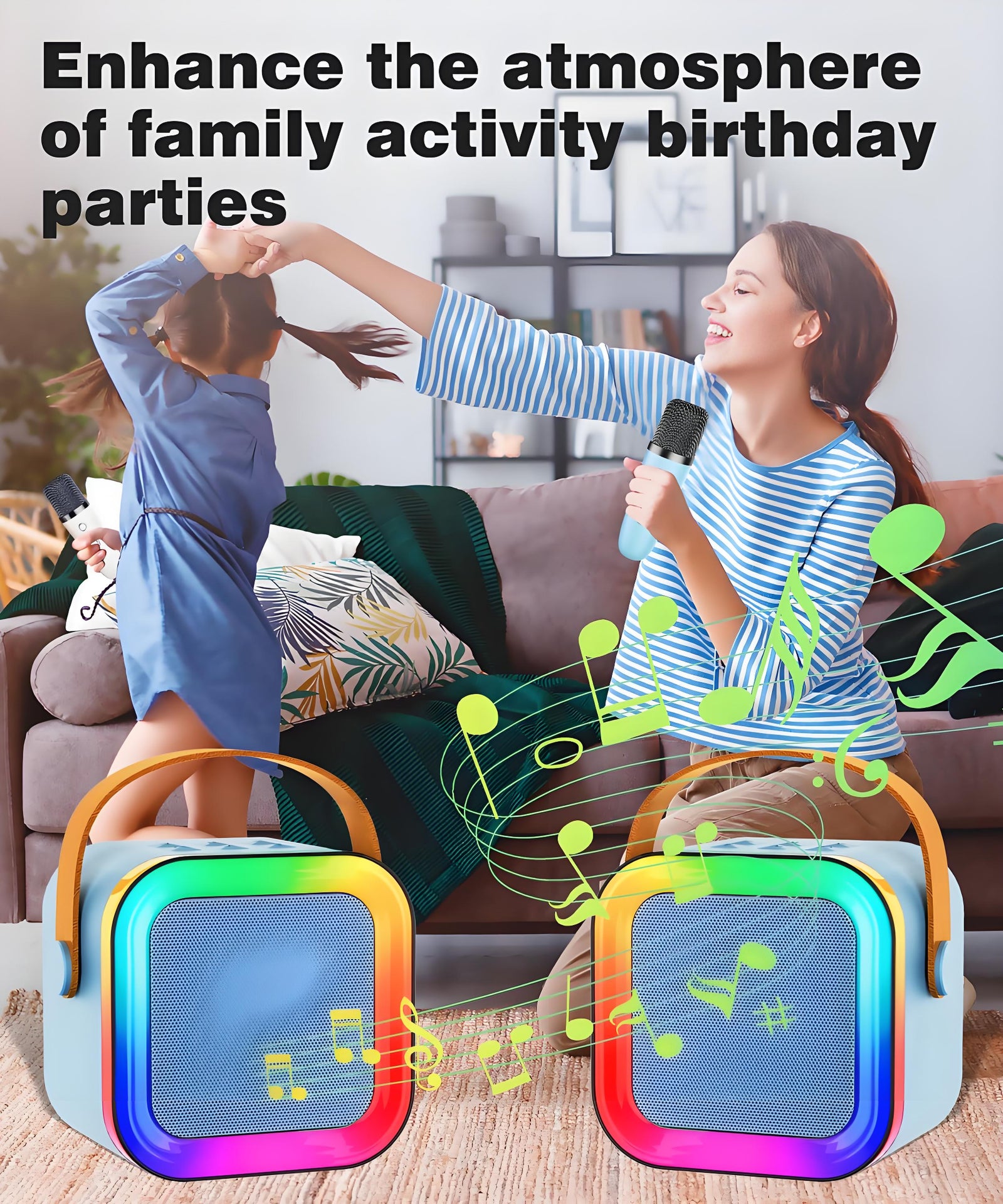 Black Mini Karaoke Machine with 2 Wireless Microphones: Portable Bluetooth Speaker for Kids & Adults, Ideal Gift for All Occasions