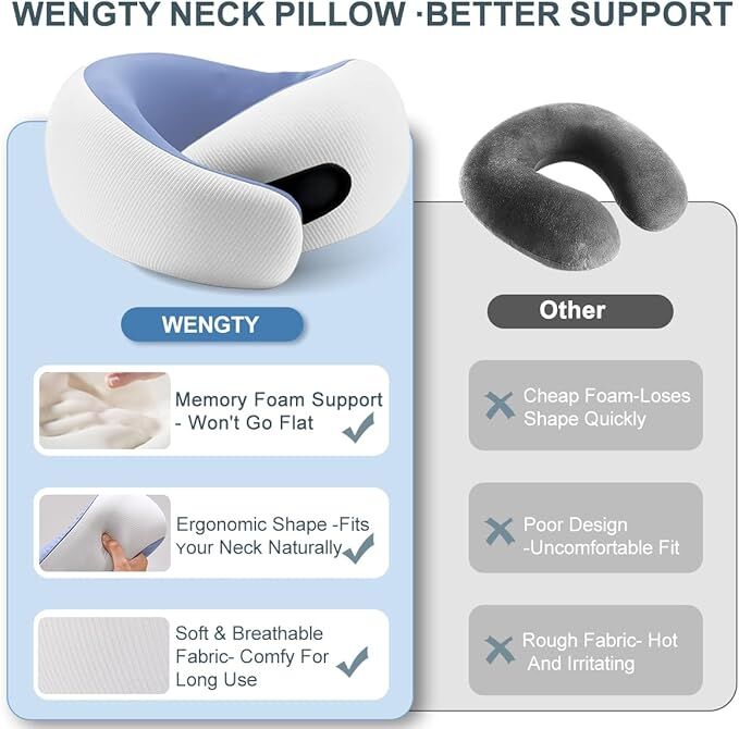 Travel Pillows for Airplanes,Memory Foam Neck Pillow for Traveling,Smooth & Cooling Fabric Plane Pillow for Long Flight,Ideal for Travels,Airplanes,Offices,Cars (Gray, Standard-Broad Fit)