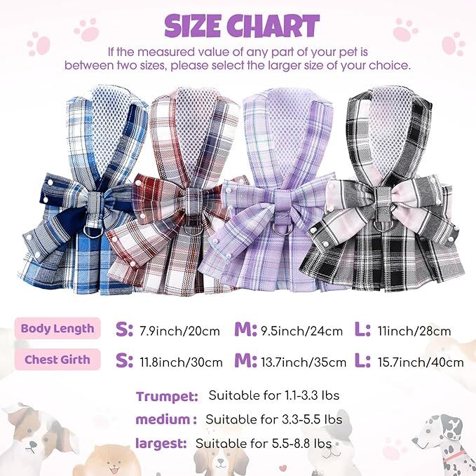 Pet products Dog Dress Bowknot Harness Leash Set for Small Dogs Girl Cute Plaid Dog Dress Pearls Bow Tie Spring Summer Princess Clothes Birthday Holiday Doggie Outfits for Puppy Cats Girl Apparel