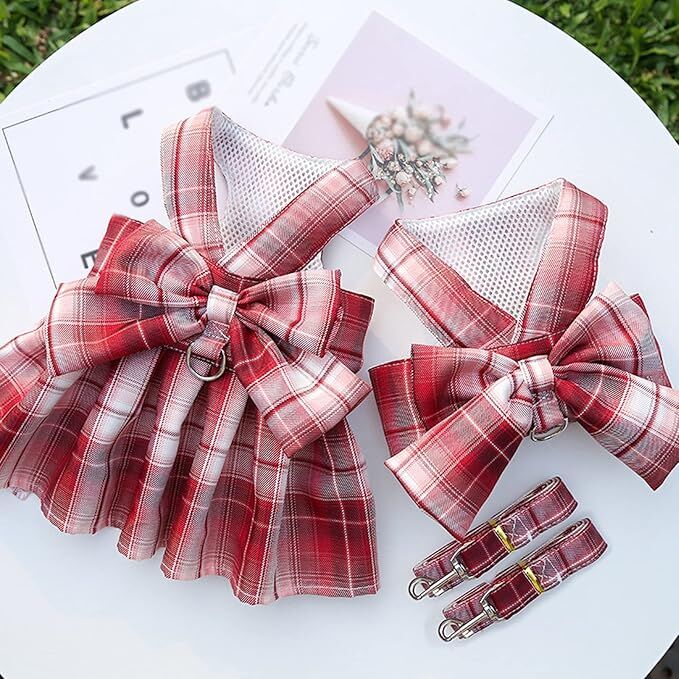 Pet products Dog Dress Bowknot Harness Leash Set for Small Dogs Girl Cute Plaid Dog Dress Pearls Bow Tie Spring Summer Princess Clothes Birthday Holiday Doggie Outfits for Puppy Cats Girl Apparel