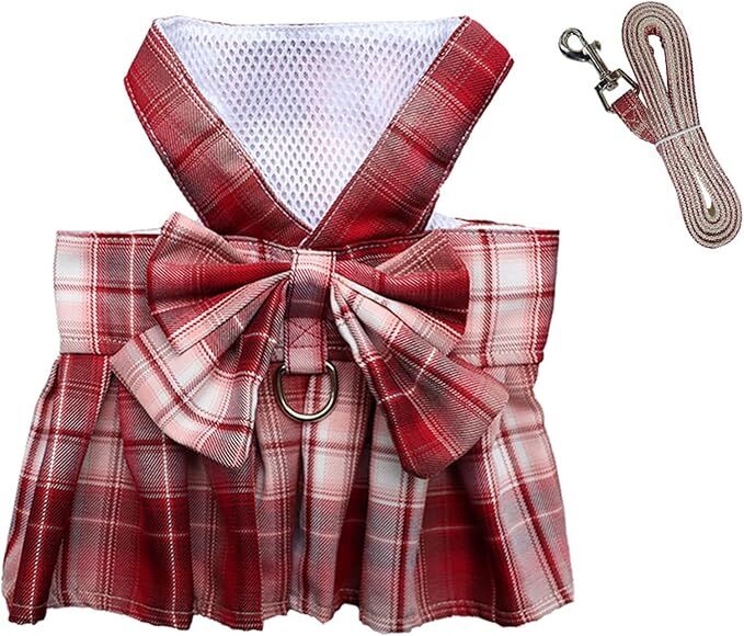 Pet products Dog Dress Bowknot Harness Leash Set for Small Dogs Girl Cute Plaid Dog Dress Pearls Bow Tie Spring Summer Princess Clothes Birthday Holiday Doggie Outfits for Puppy Cats Girl Apparel