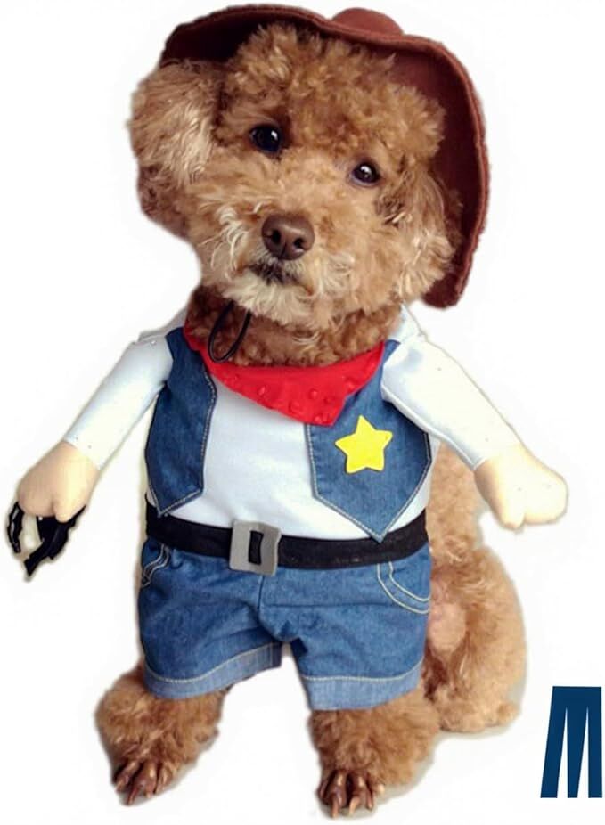 Pet products Small Dog Cowboy Costume with Hat 2pcs Funny Halloween Chucky Costumes Cool West Cowboy Uniform Puppy Denim Overalls Western Cosplay Sheriff Outfits Cat Apparel