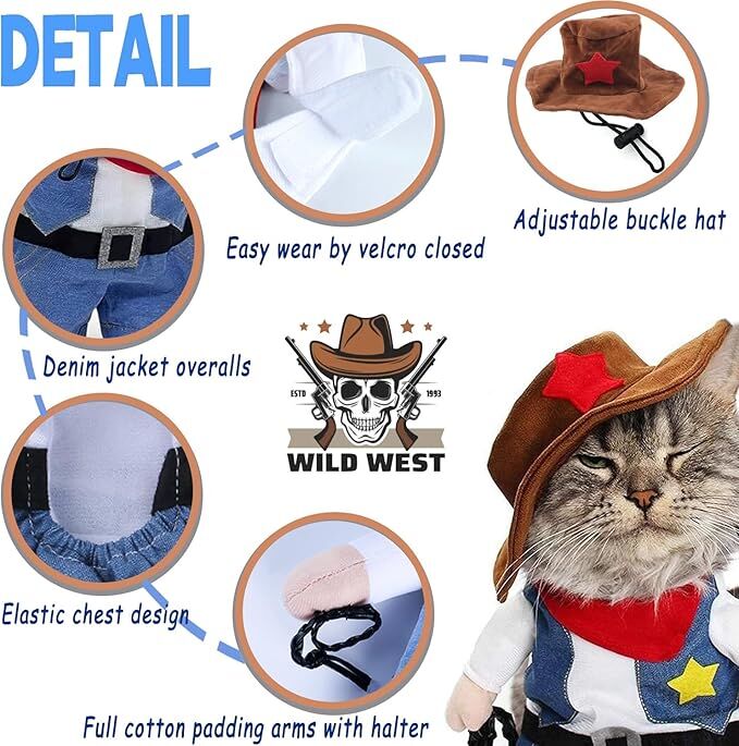 Pet products Small Dog Cowboy Costume with Hat 2pcs Funny Halloween Chucky Costumes Cool West Cowboy Uniform Puppy Denim Overalls Western Cosplay Sheriff Outfits Cat Apparel