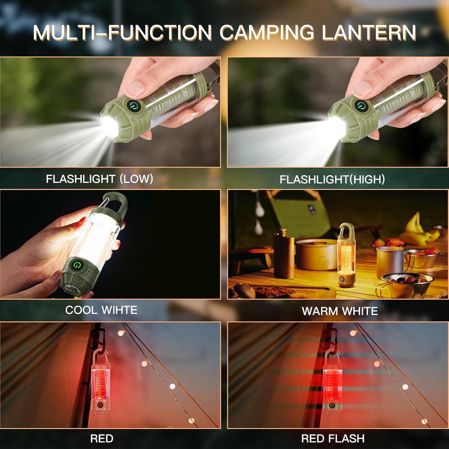 Rechargeable LED Camping Lantern Flashlight: 6 Modes, USB-C, Portable for Hiking, Emergency, Night Walking & Outdoor Adventures(green)