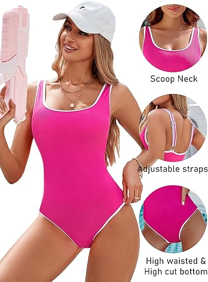 Women's Red One Piece Swimsuit with White Trim: Adjustable Strap, Ribbed, High Cut for Sports & Beach(L)