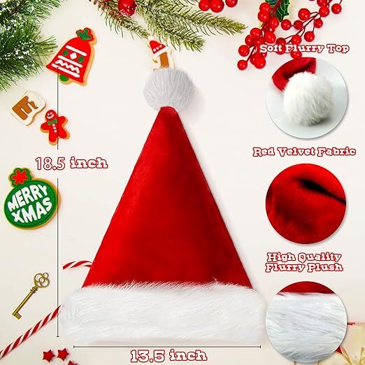 10 Pack Christmas Santa Hats for Adults - Extra Thicken Velvet Santa Claus Hats for Women Men Fluffy Plush Xmas Hats Christmas Party Supplies New Year's Eve Party Hats for Adults Teenagers