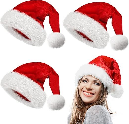 3 Pack Christmas Santa Hats for Adults - Extra Thicken Velvet Santa Claus Hats for Women Men Fluffy Plush Xmas Hats Christmas Party Supplies New Year's Eve Party Hats for Adults Teenagers