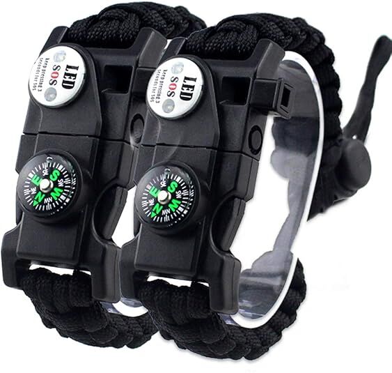 21 in 1 Survival Bracelet, Paracord Emergency Outdoor Sports Wristband Kit Waterproof Compass, SOS LED Light, Thermometer, Rescue Whistle, Fire Starter. Multi 21 Tools (Black 2 Pc)