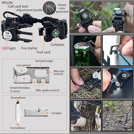 21 in 1 Survival Bracelet, Paracord Emergency Outdoor Sports Wristband Kit Waterproof Compass, SOS LED Light, Thermometer, Rescue Whistle, Fire Starter. Multi 21 Tools (Black 2 Pc)