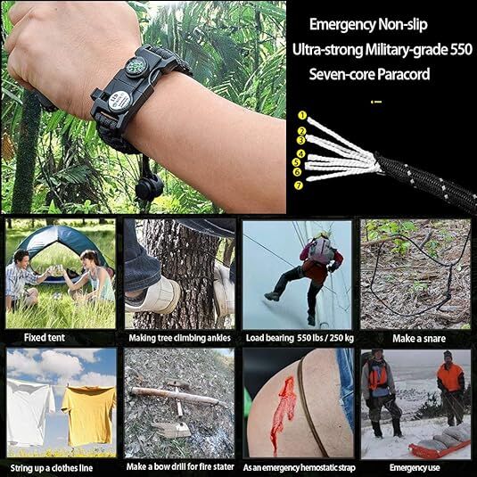 21 in 1 Survival Bracelet, Paracord Emergency Outdoor Sports Wristband Kit Waterproof Compass, SOS LED Light, Thermometer, Rescue Whistle, Fire Starter. Multi 21 Tools (Black 2 Pc)