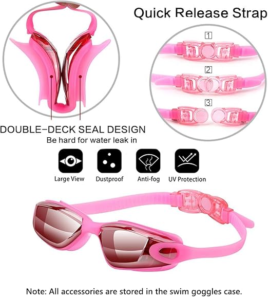 Pink Swim Goggles Set with Cap, Nose Clip, Earplugs & Case: Anti-Fog UV Protection for Men & Women