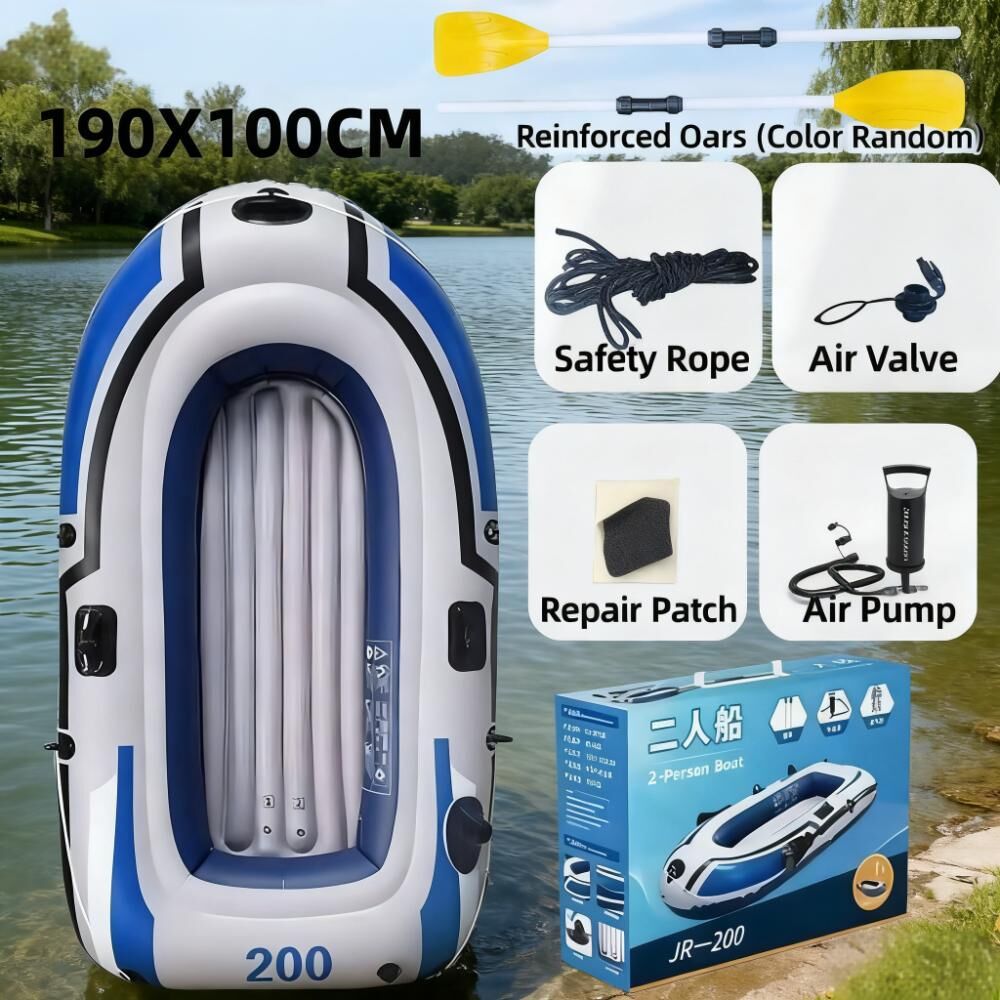 2-Person Inflatable Boat: 190x100cm Thick PVC Raft for Lakes/Pools – 180kg Capacity with Oars & Pump
