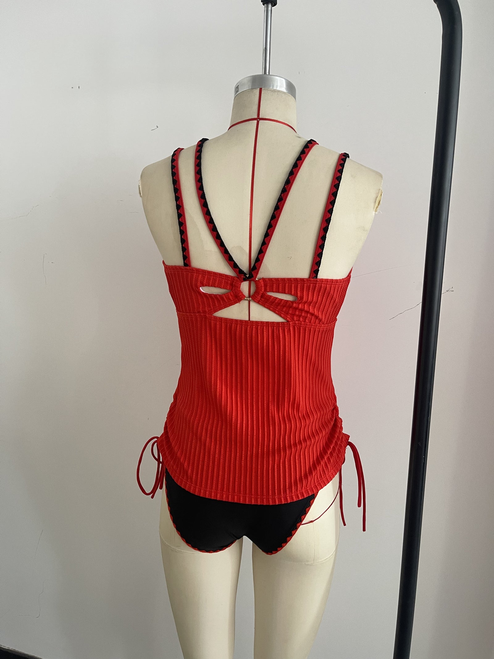 Knitted Hot Red Swimwear Set Featuring a Bold Deep V Cut and Lace-Up Back Detailing Size M