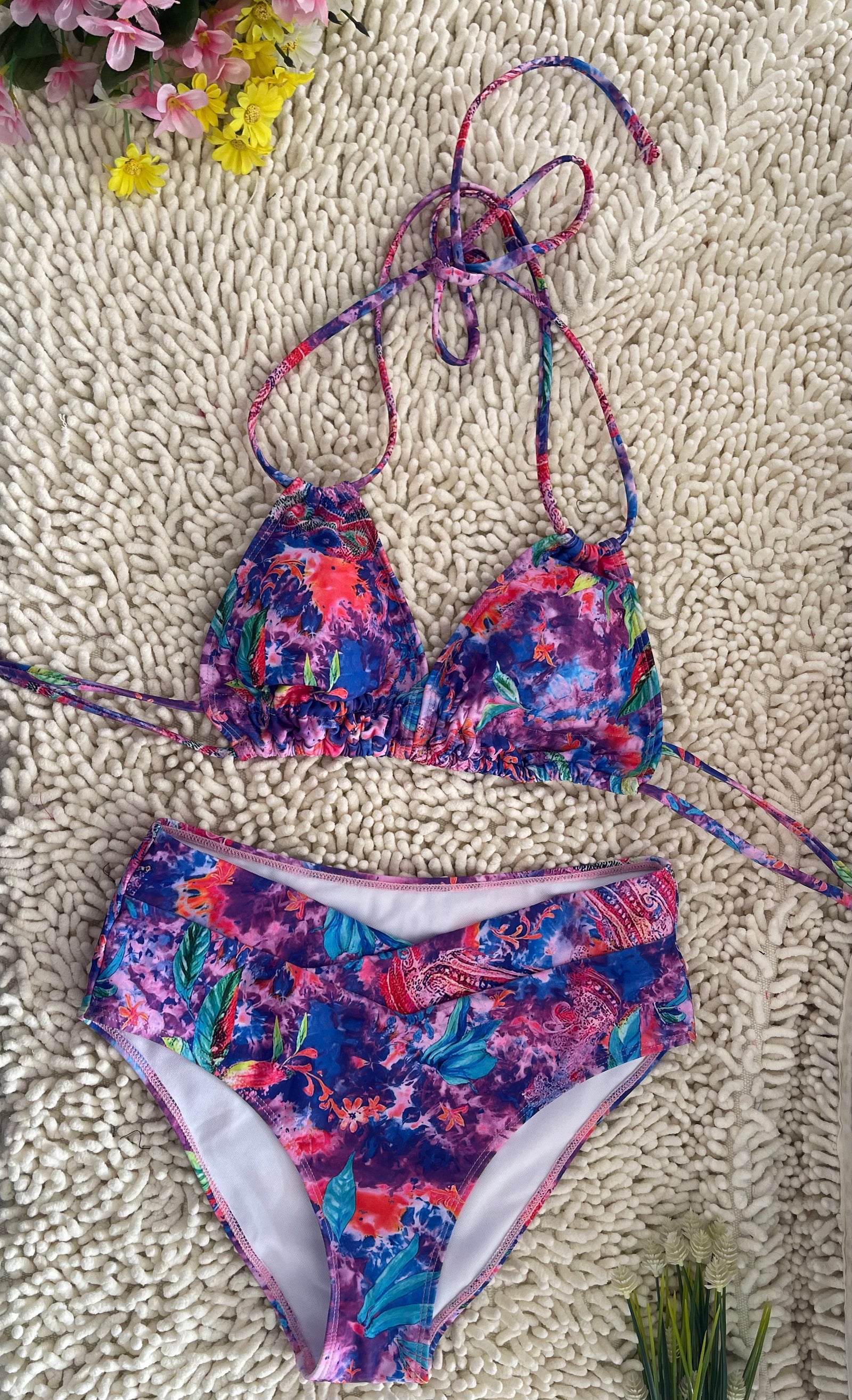 Double Strap Tie-Dye Cosmic Pattern Print Bikini Deep V Swimwear Tie-Dye Swimsuit Size M
