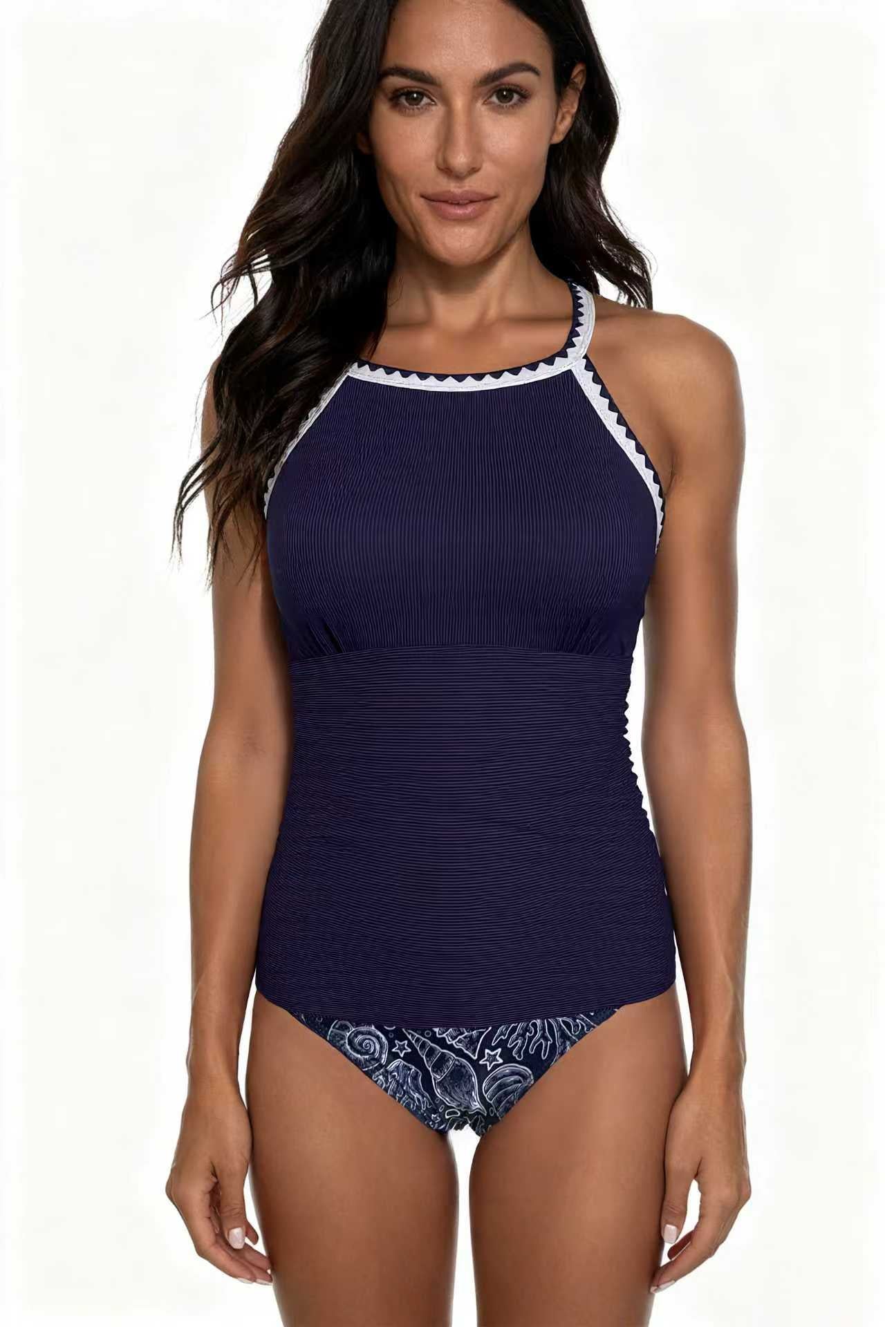 Spot Eco-friendly Fabric Navy Round Neck Swimsuit Sexy Tankini Size S