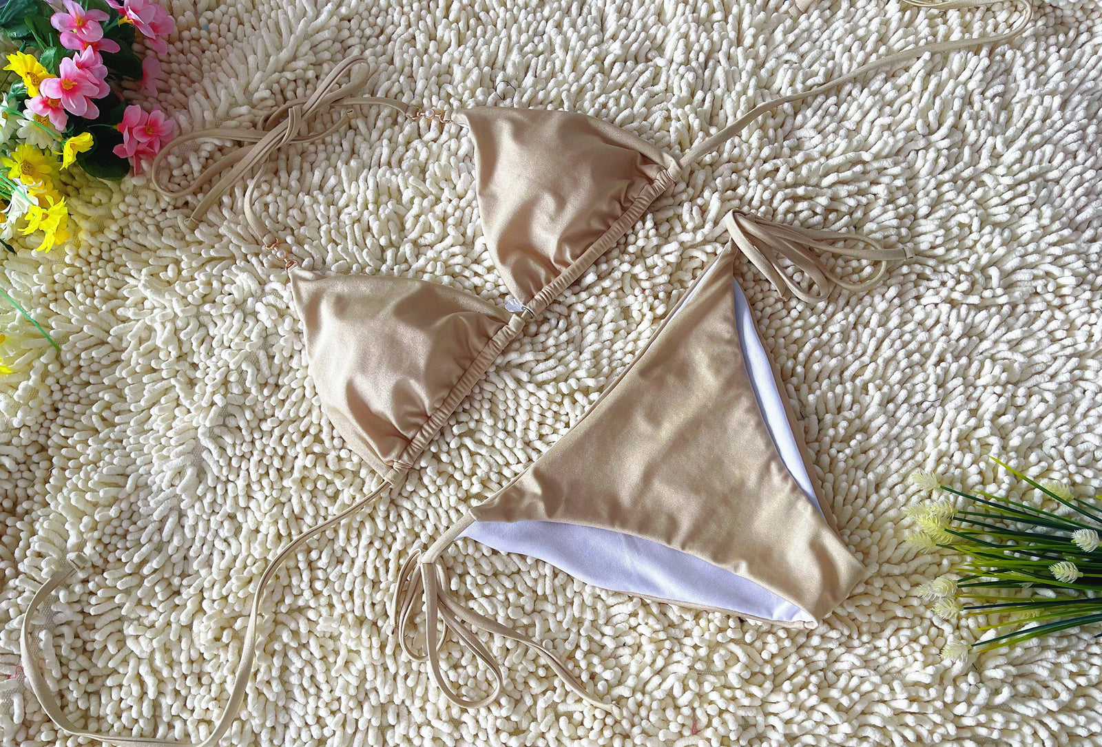 Beige Three Point Tie Bikini Simple Sexy Seashell Embellished Swimsuit Size S